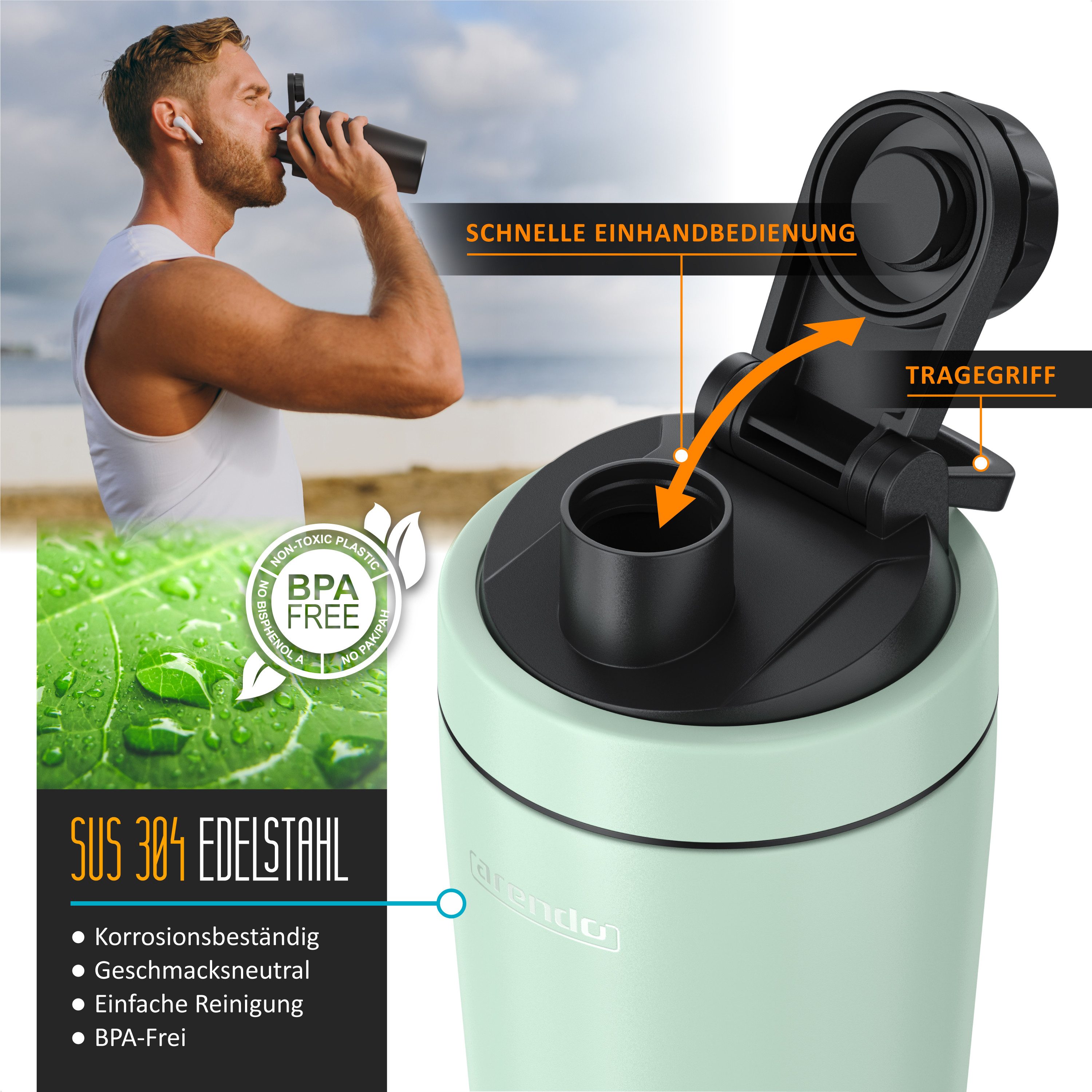 Arendo Protein Shaker Edelstahl Eiweißshaker 750 ml, verschließbar, bruchfest, BPA-frei, Edelstahl, (1-tlg), auslaufsicher, spülmaschinengeeignet, mit Tragegrif – Bild 3 von 5