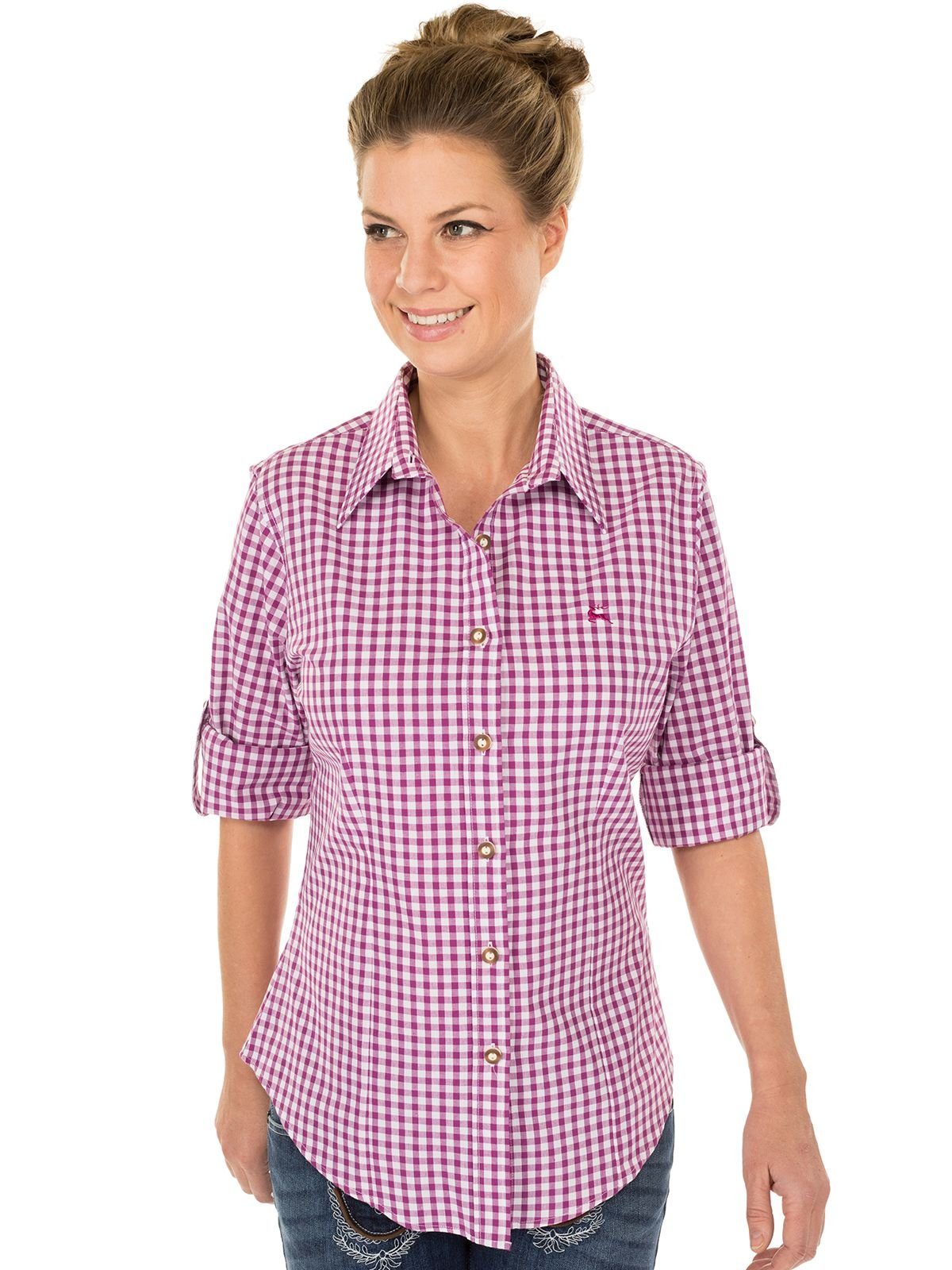 Trachtenbluse Langarm Stick CHECKERED beere Trachtenbluse OS-Trachten