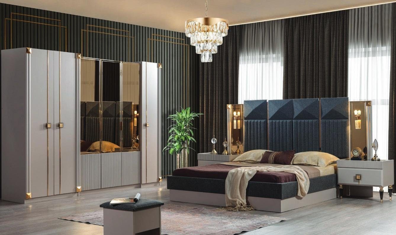 Xlmoebel Schlafzimmer-Set Elegantes Polsterbett mit Holz-Nachttischen und Schrank, (4-tlg., Bett/2x Nachttische/Kleiderschrank), Hergestellt in Europa