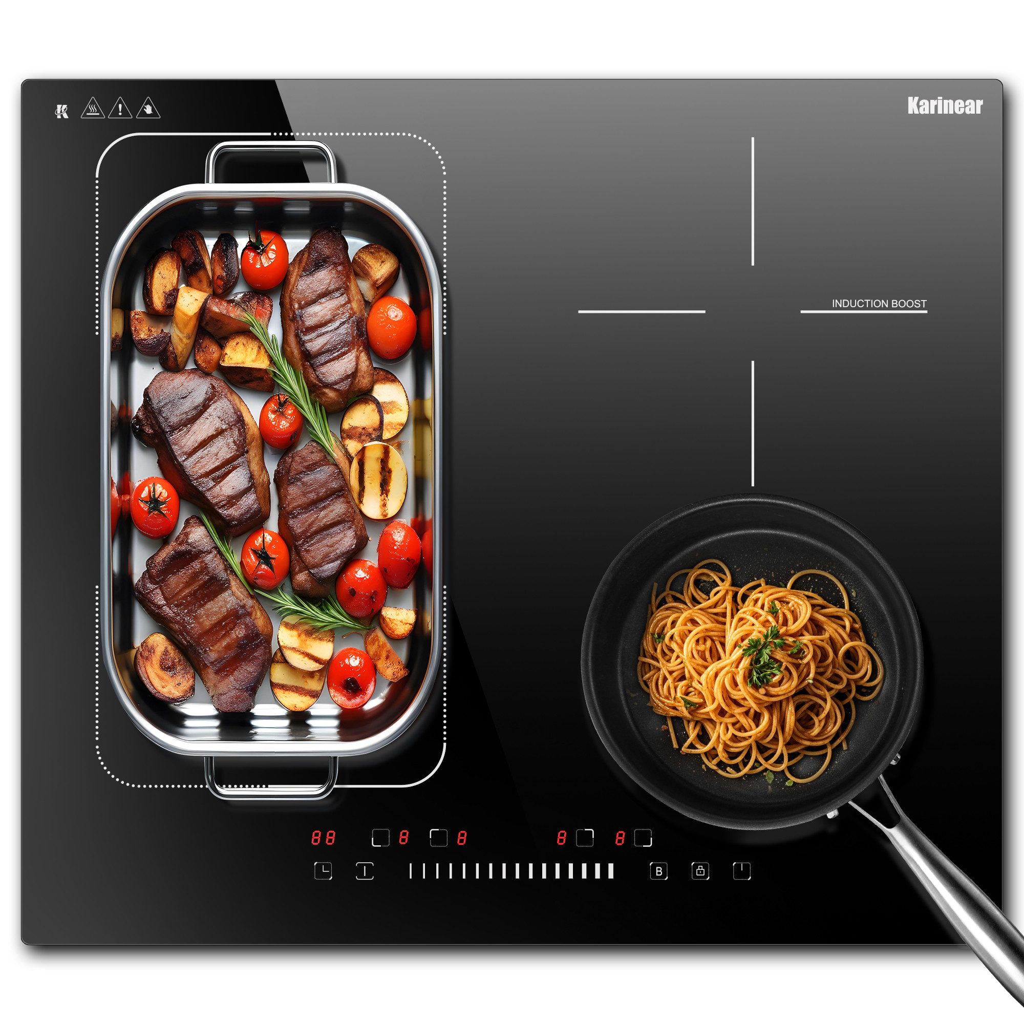 Karinear Induktions-Kochfeld 4-Zonen, Flexzone, Boost, Timer, 60 cm,7200W