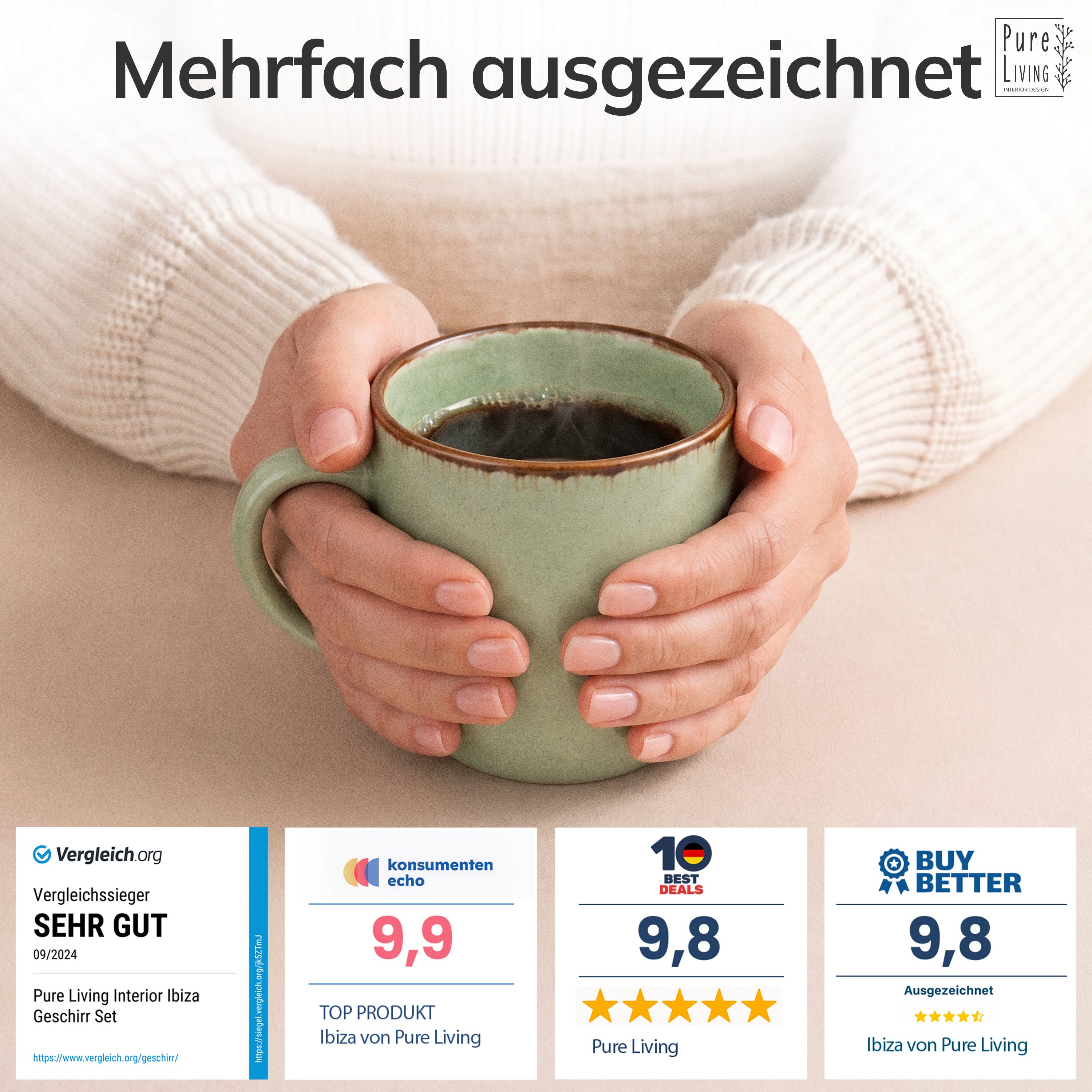 PURE LIVING INTERIOR DESIGN Geschirr-Set Tassen 6er 350ml Rustic, Steingut, Mintgrün (6-tlg), 6 Personen, Steingut – Bild 3 von 5