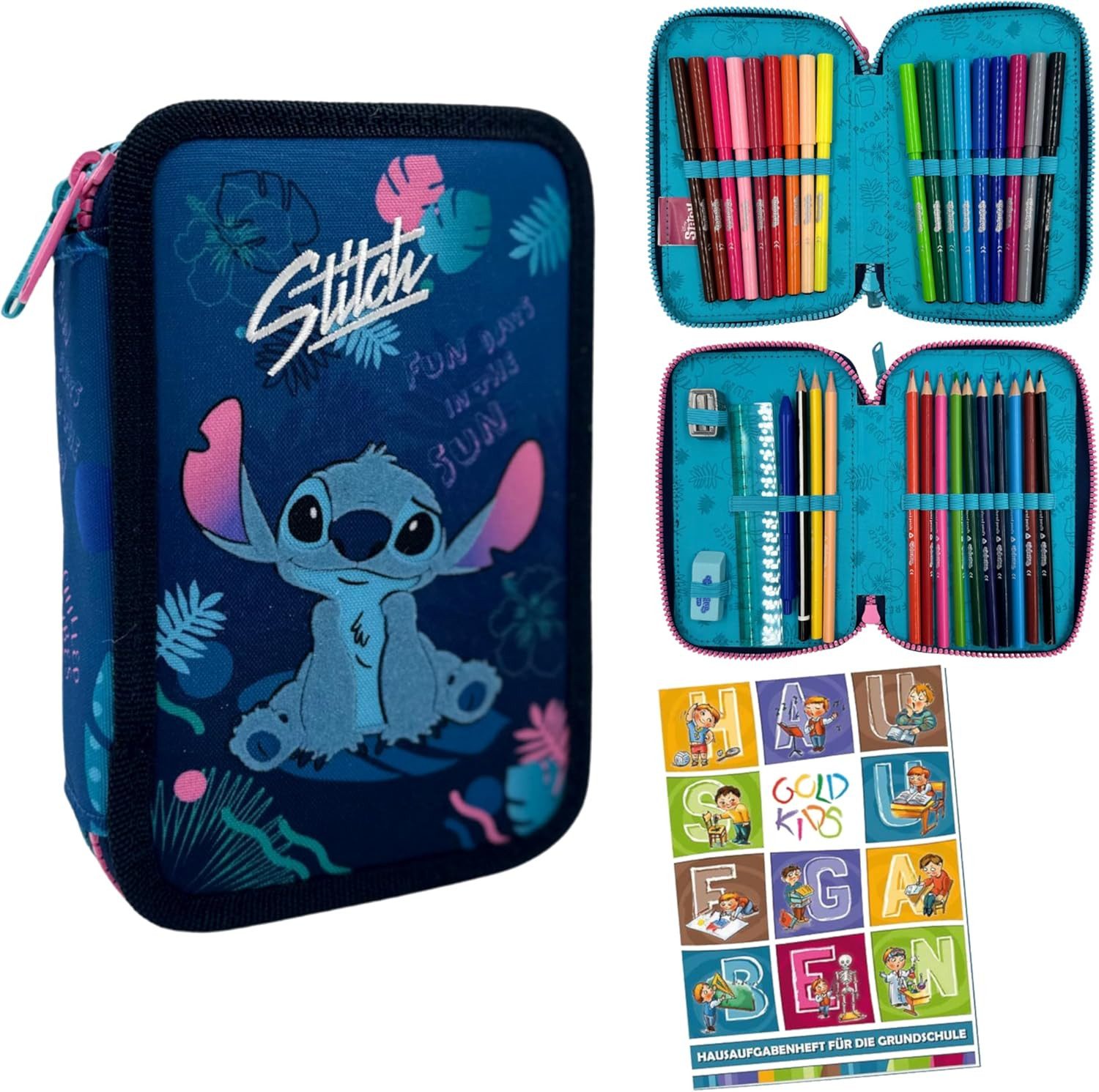GOLDKIDS Пеналы 2 Fächer - Mäppchen für Mädchen und Jungen -, (Gefüllte Schüleretui 35-teilig -, 1-tlg., Schulmäppchen und Hausaufgabenheft), - Stitch Motiv
