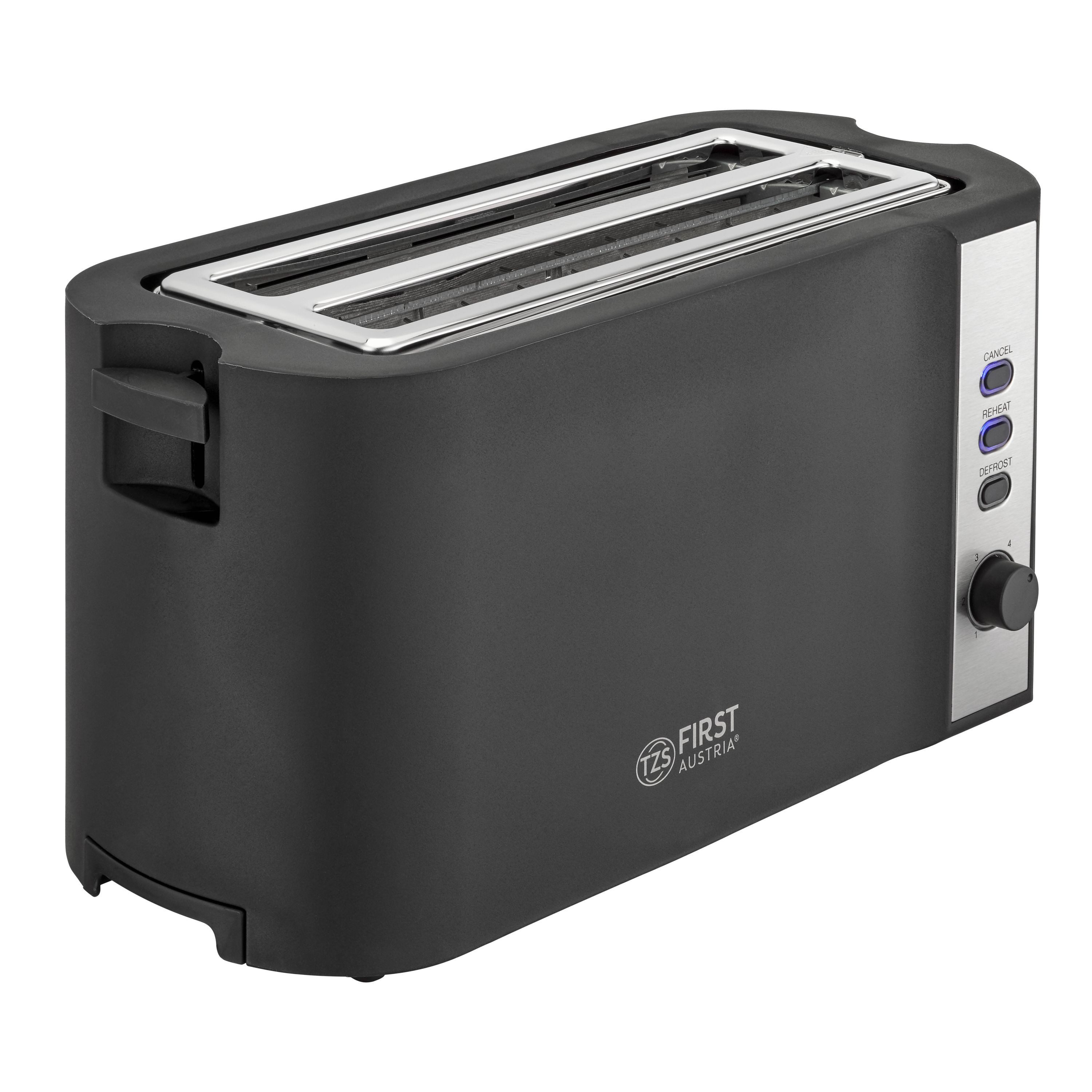 TZS FIRST AUSTRIA Toaster 4-Scheiben-Toaster, Brotzentrierung, Langschlitz, 1200-1500W, für Küche/Haushalt, 1250 W, Brötchenwärmer, Krümelfach, Bräunungsgrade: 6, Auftau- Aufwärmfunktion