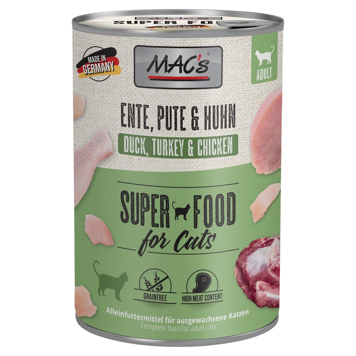 MAC'S Ente, Pute & Huhn 400 g - 6 Stück, Nassfutter für: Katze