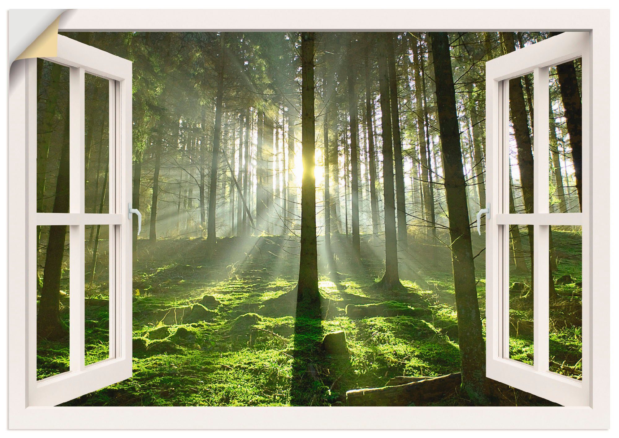 Artland Wandbild Fensterblick - Wald im Gegenlicht, Fensterblick (1 St), als Leinwandbild, Wandaufkleber oder Poster in versch. Größen