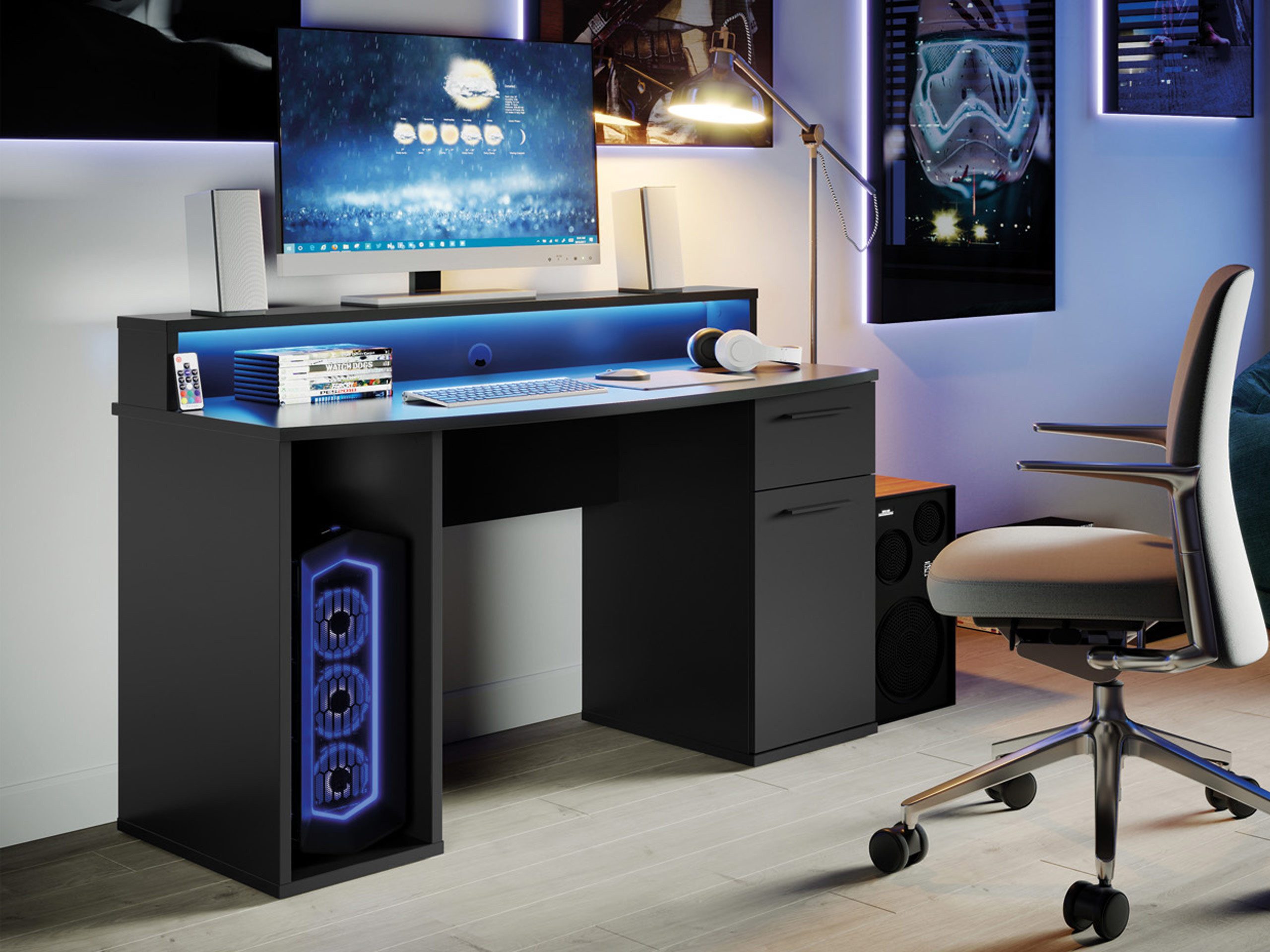 MIRJAN24 Schreibtisch Ayo (mit Tür und Schublade), Beleuchtung LED RGB mit Fernbedienung, Gaming