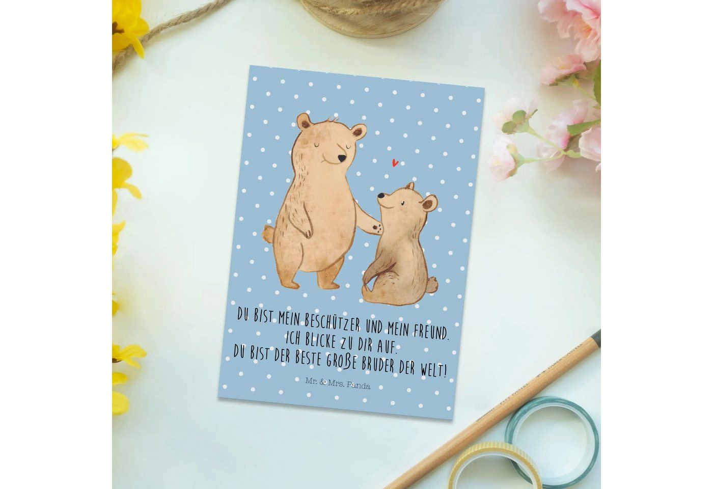 Thumbnail - Mr. & Mrs. Panda Postkarte Bär Großer Bruder - Blau Pastell - Geschenk, Muttertag, Geschenkkarte, Hochglanzveredelt