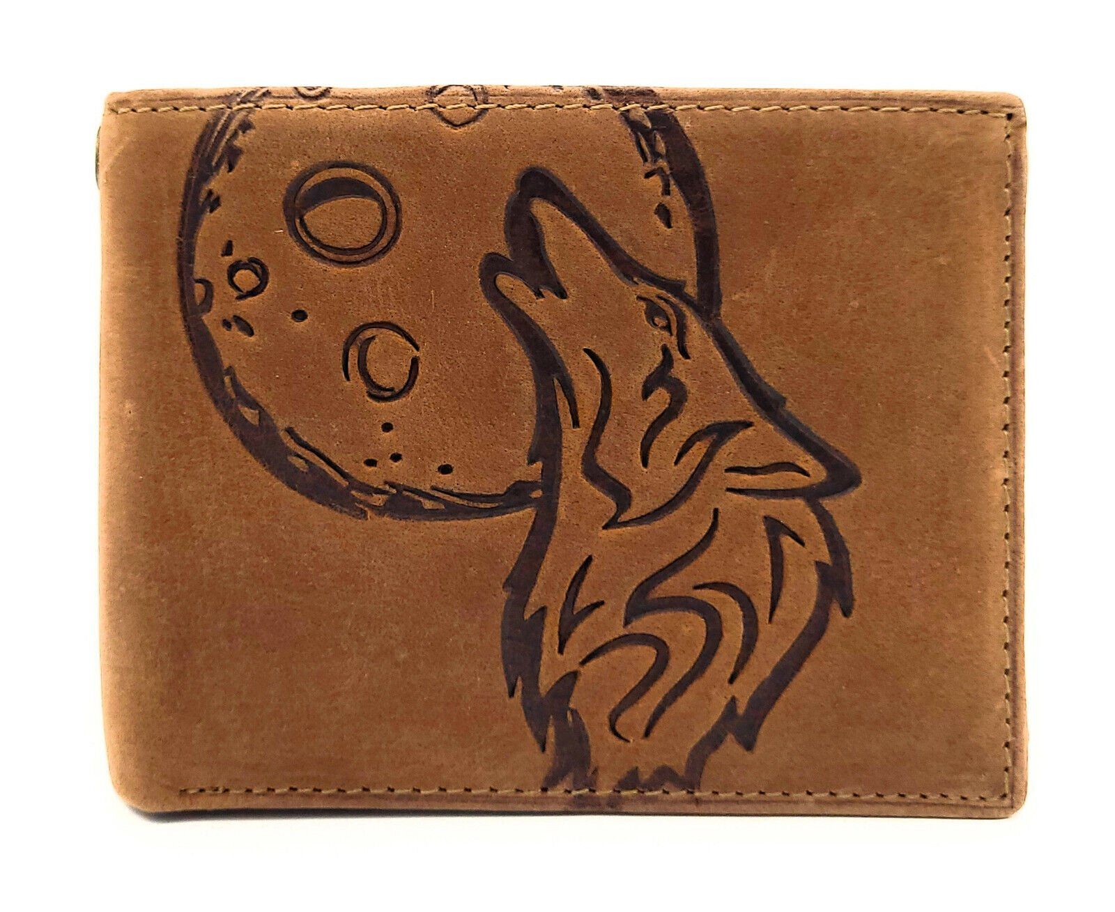 JOCKEY CLUB Geldbörse echt Leder Portemonnaie mit RFID Schutz heulender Wolf, Geldbeutel, Mond