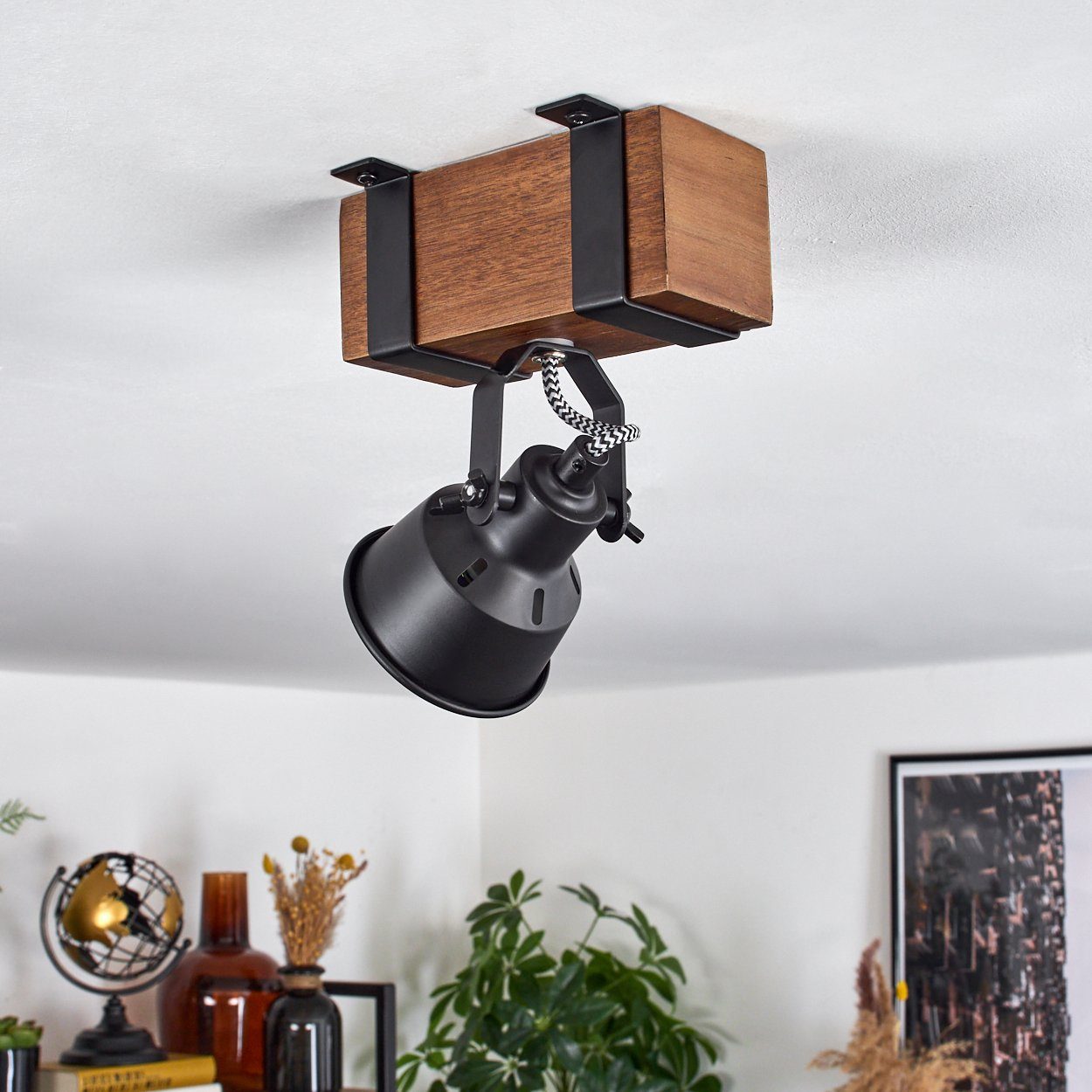 hofstein Wandleuchte moderne Wandlampe aus Metall/Holz in Schwarz/Dunkelbraun, ohne Leuchtmittel, mit verstellbarem Schirm, 1x GU10 ohne Leuchtmittel