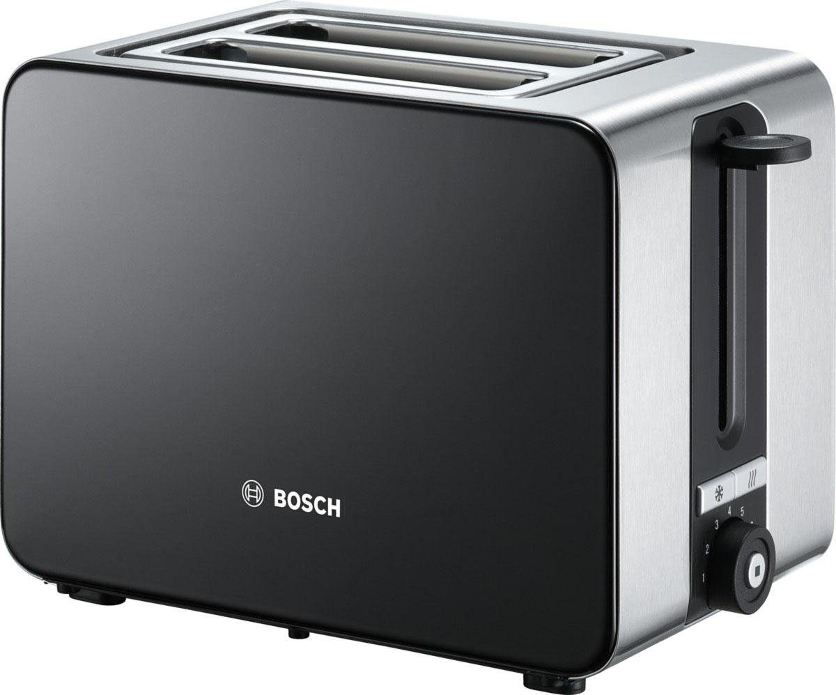 BOSCH Toaster ComfortLine TAT7203, integrierter Edelstahl-Brötchenaufsatz, 2 kurze Schlitze, für 2 Scheiben, 1050 W, Abschaltautomatik, Auftaufunktion, Edelstahl/schwarz