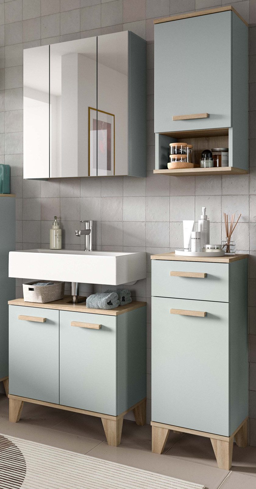 Inn.Furn Badmöbel-Set Luna, (4-teiliges Badezimmer in hellem Grün mit Eiche Natur, Scandi-Design, 109 x 190 cm), mit viel Stauraum