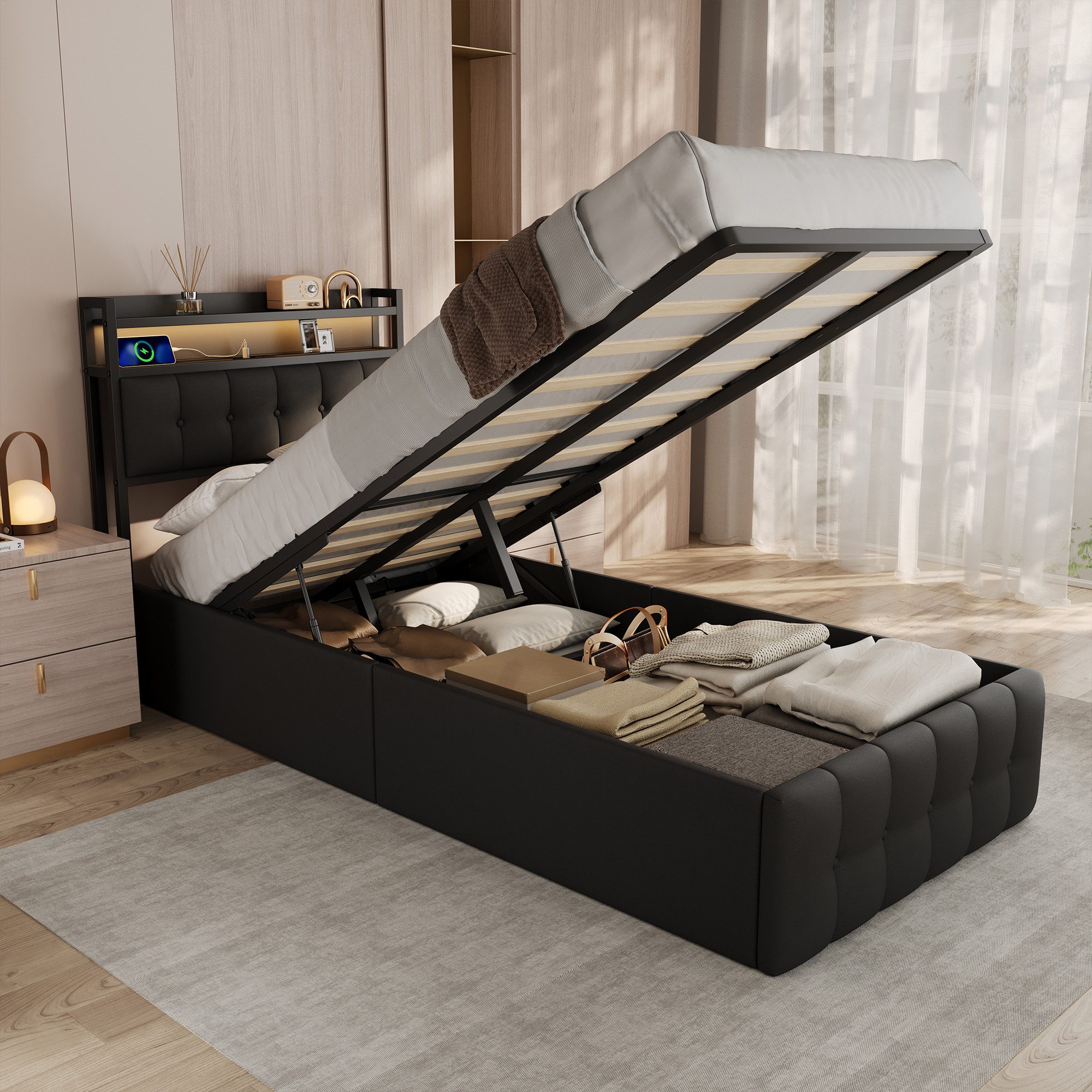 Gdood Polsterbett Stauraumbett Doppelbett LED (1 tlg., Hydraulisch hebbarem Stauraum), Mit LED-Licht, Nachttisch, Ladefunktion, Lattenrost, Leinen, 90x200 cm