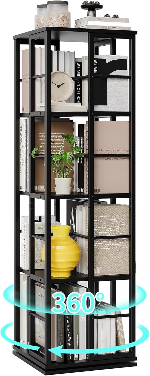 GarveeMore Bücherregal drehbar mit 4 Ebenen,360°-Display,40x40x137.5cm, freistehendes Standregal für Wohnzimmer,Schlafzimmer,Arbeitszimmer