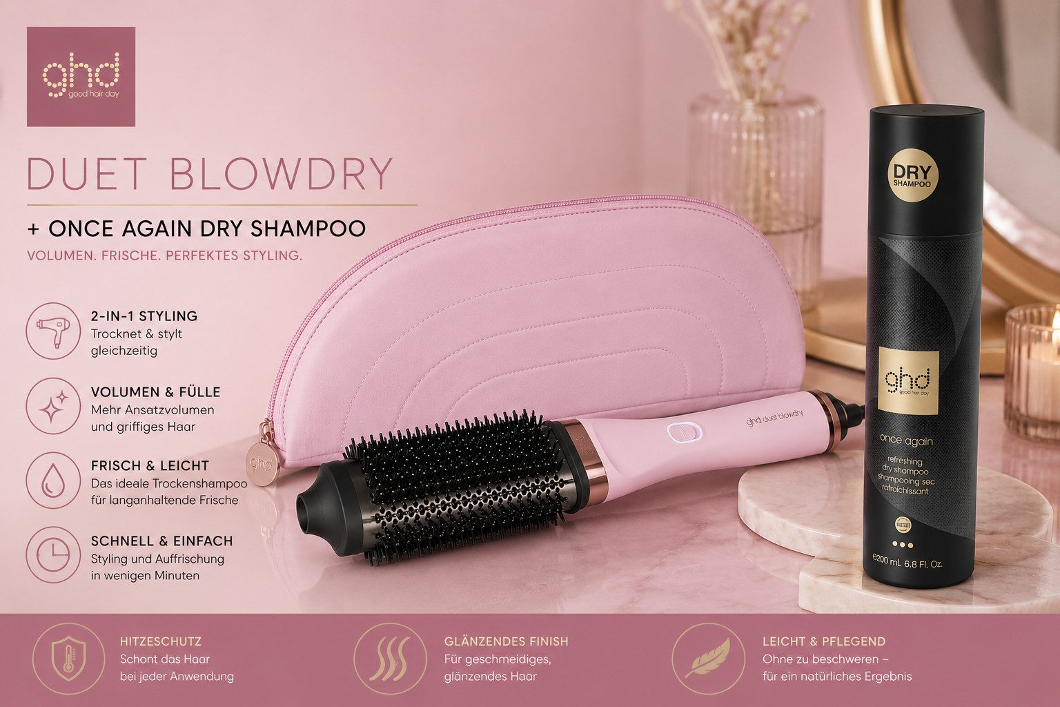 GHD Elektrohaarbürste Duet Blowdry Pink Sorbet Set inkl. Once Again Dry Shampoo, Für voluminöse Blowouts, langanhaltende Frische und glänzendes Haar.