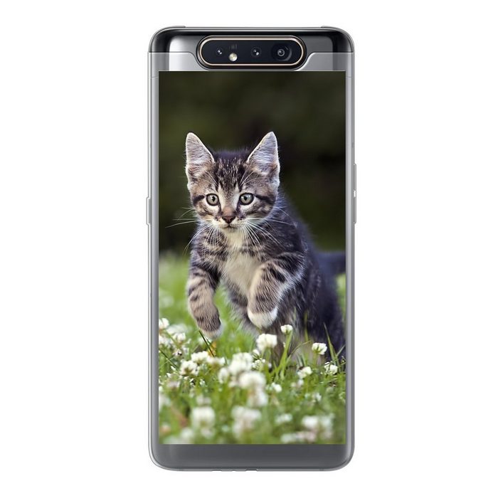 MuchoWow Handyhülle Ein Kätzchen in einem Kleefeld Phone Case Handyhülle Samsung Galaxy A80 Silikon Schutzhülle