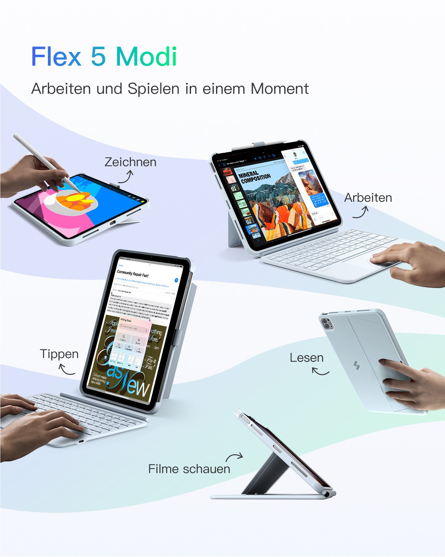 Inateck für 11 Zoll iPad Air M4 M3, iPad Pro, mit Touchpad iPad-Tastatur (Vertikaler/Horizontaler Ständer, Abnehmbar, mit Stifthalter) – Bild 4 von 5