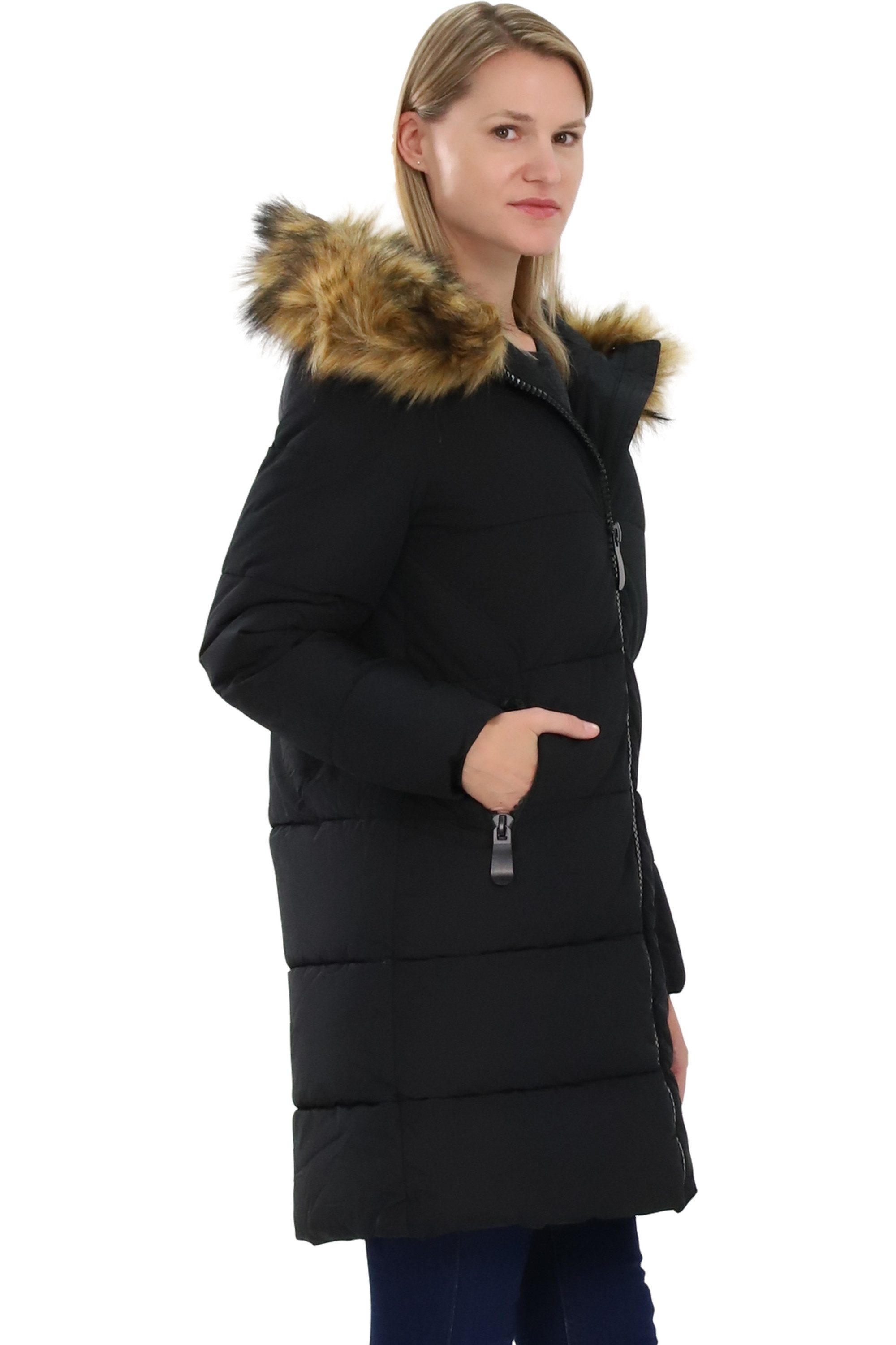 malito more than fashion Steppjacke malito Damen Steppmantel, wattierter Wintermantel, Jacke mit Kapuze gefütterte Winterjacke mit Kunstfell Kapuze