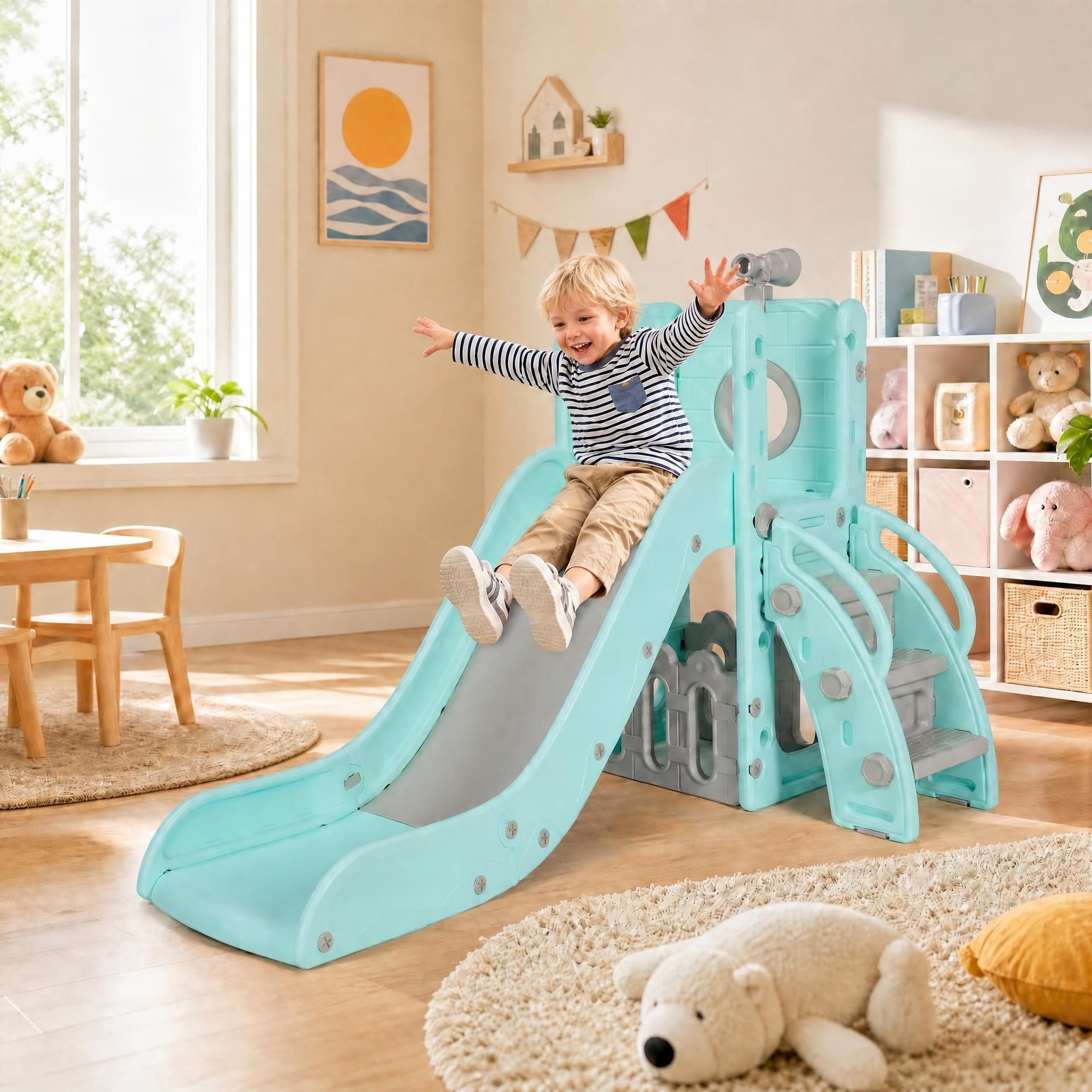 TLGREEN Rutsche, Kinderrutsche mit Stauraum & Spielteleskope, (Indoor & Outdoor Rutsche ab 1 Jahre), Gartenrutsche, Kinder Spielplatz