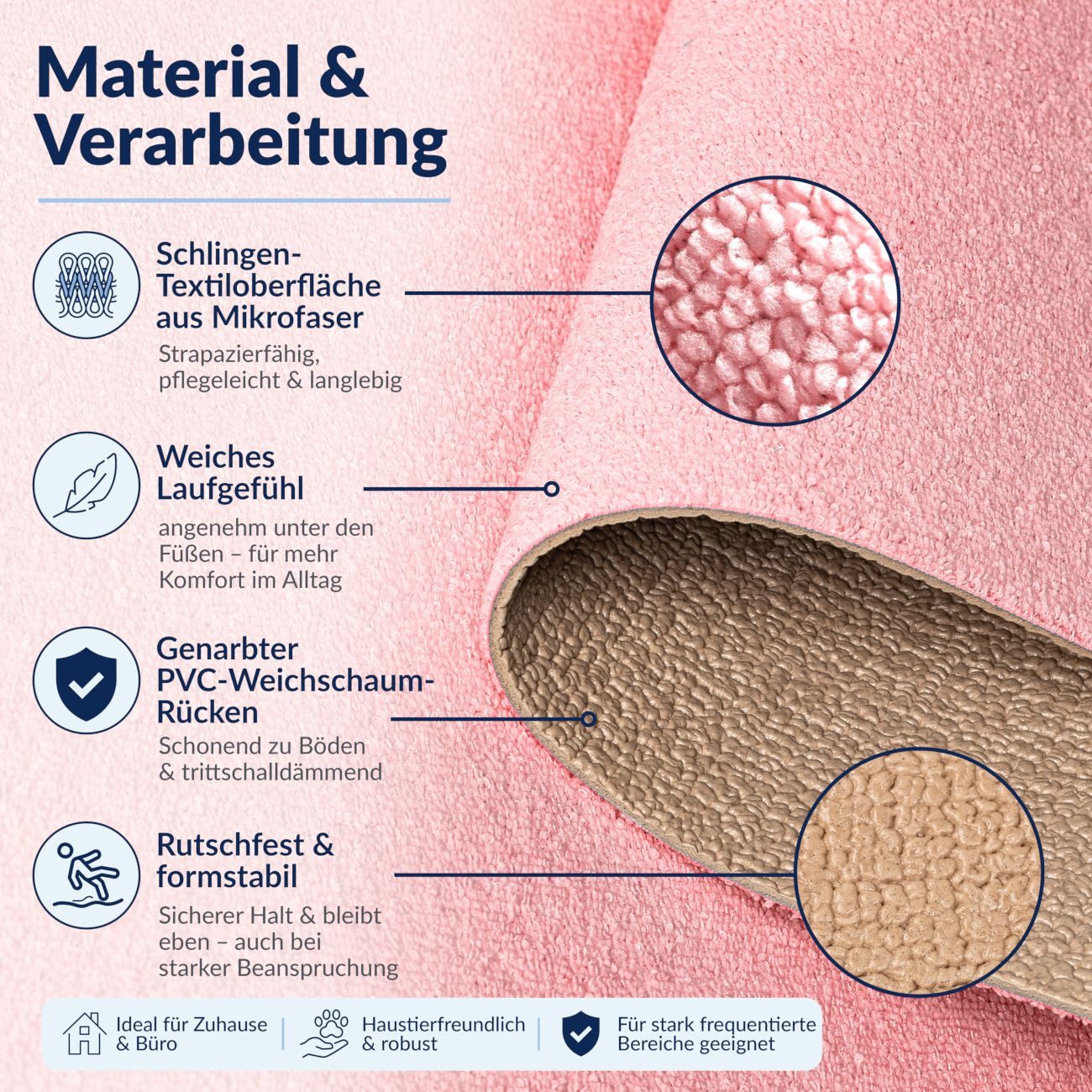 ANRO Küchenläufer HomeLoop Meterware Mikrofaser Küchenmatte rutschhemmender Rücken, Rechteckig, Höhe: 3 mm, saugstark zuschneidbar Größe: 100x60cm Einfarbig Rosa