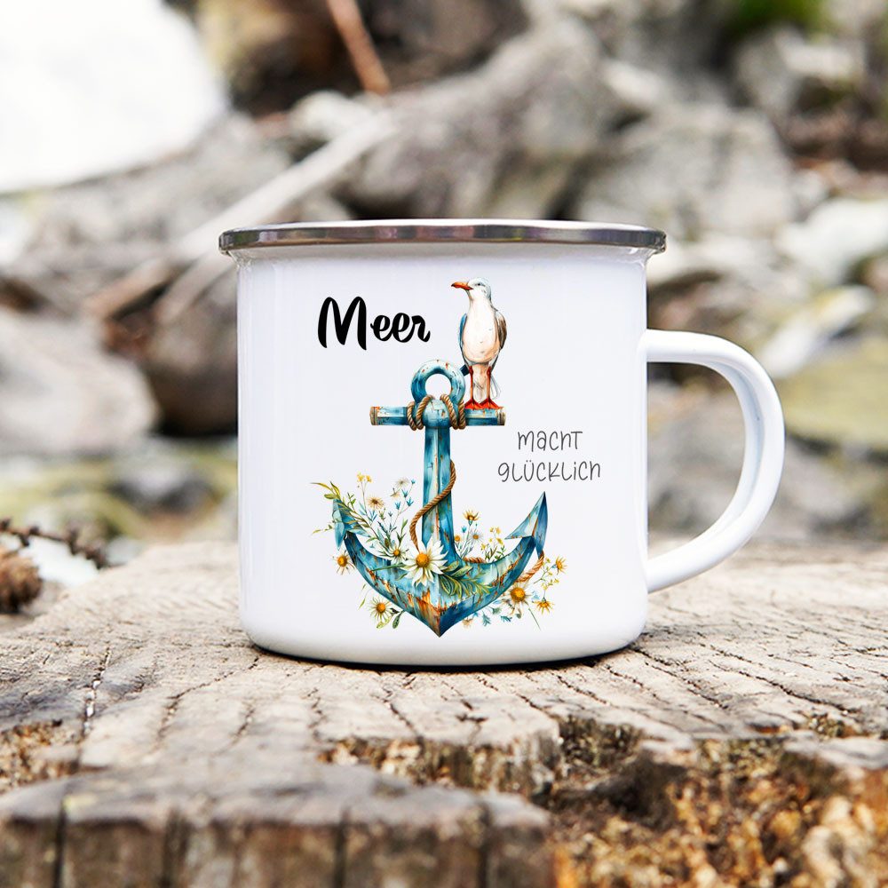Cadouri Tasse MEER MACHT GLÜCKLICH Camping Emaille Tasse, Campingtasse, Metall, Campingbecher, Kaffeetasse, Anker, maritim, Geschenk, 300 ml