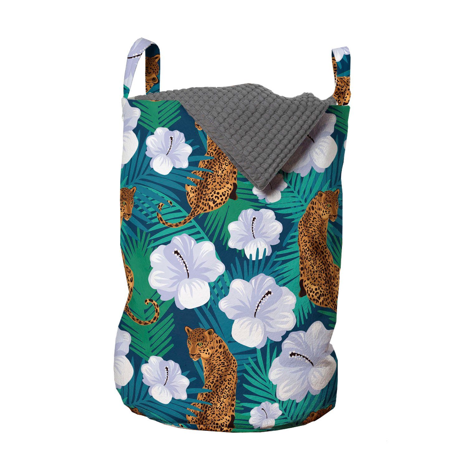 Leoparden Wäschekorb Jungle und Floral für Griffen mit Abakuhaus Wäschesäckchen Kordelzugverschluss Tropisch Waschsalons,
