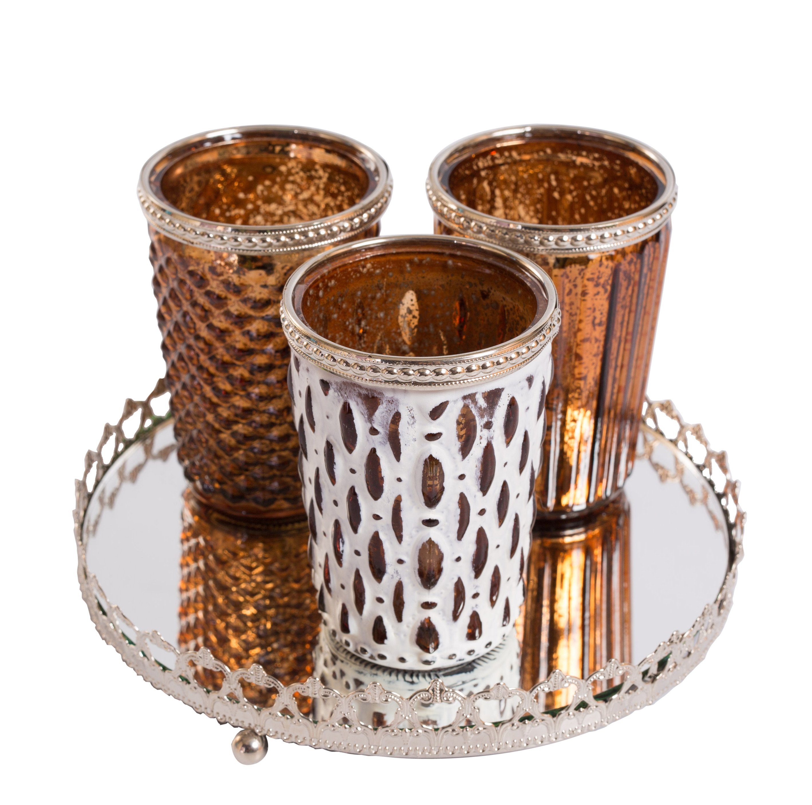 Jinfa Teelichthalter Jinfa® 3er Set Teelichtgläser auf Spiegelplatte (3er Set Windlichter in Gold, 3 Stück). € 27,59