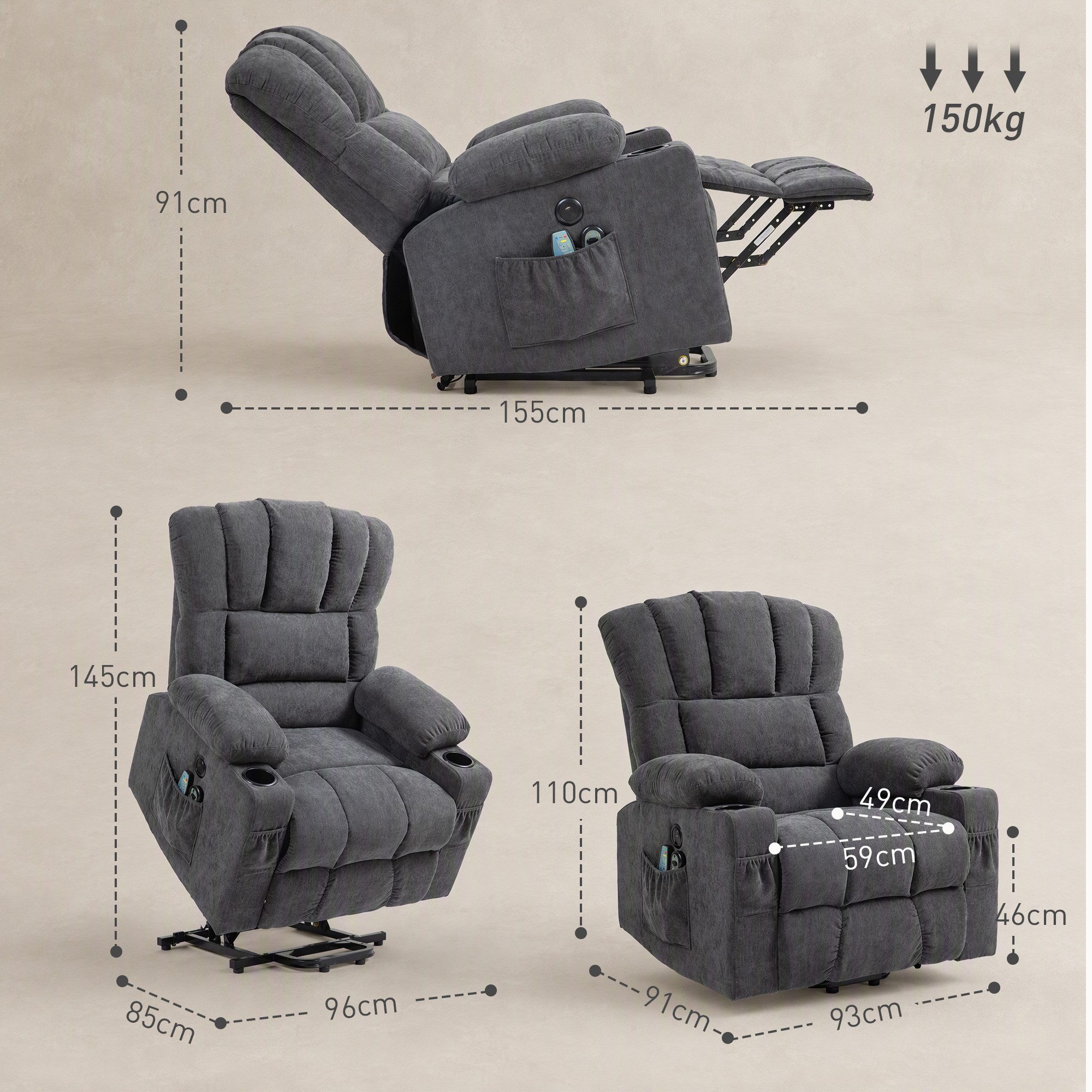 HOMCOM Relaxsessel Elektrischer Fernsehsessel mit Massage & Wärme, Liegefunktion (TV Sessel, 1-St., 1 Sessel), Aufstehhilfe, Massage, Wärme, USB-C,USB-A – Bild 3 von 5