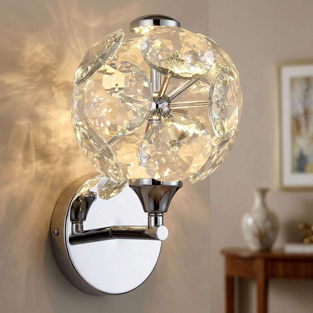 GLOBO LIGHTING LED Wandleuchte, LED-Leuchtmittel fest verbaut, Warmweiß, LED Wandleuchte Wandlampe Metall chrom Kristalle Warmweiß 3000 Kelvin