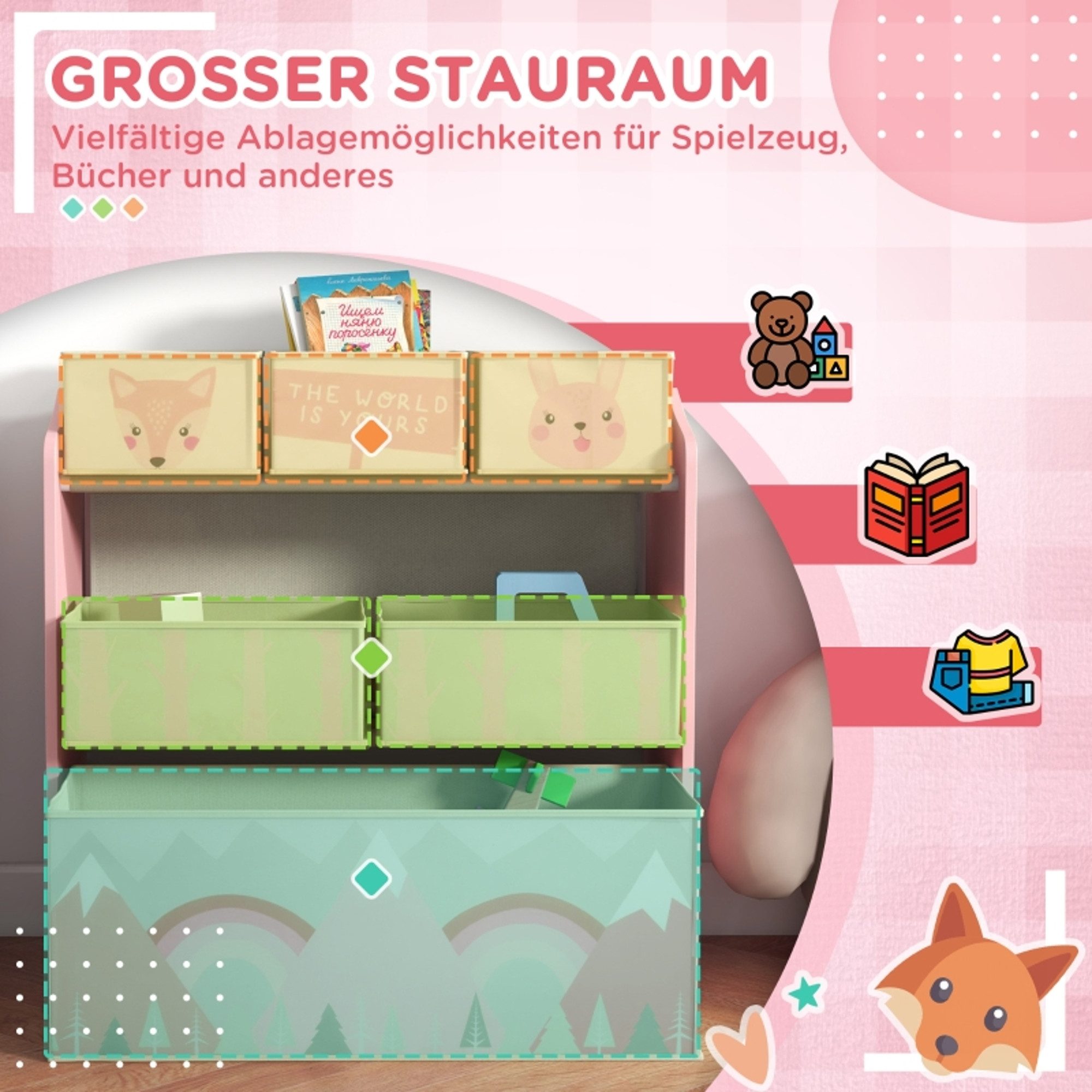 MC Star Kinderkleiderschrank Kinderschrank mit 6 Stoffboxen, niedliches Motiv, 63x30x66 cm, Rosa – Bild 2 von 5