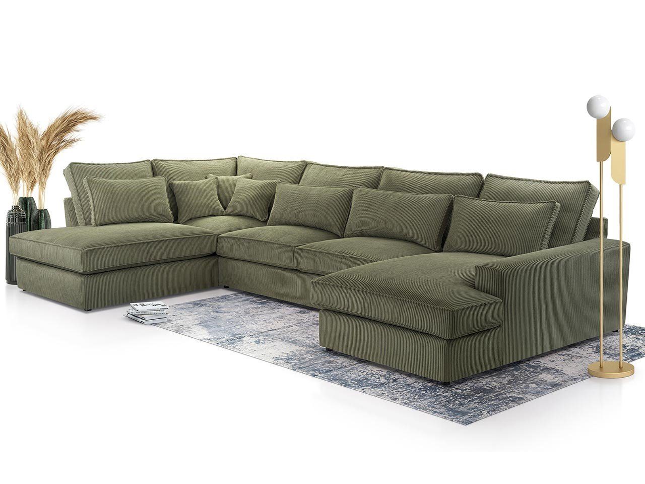 MKS MÖBEL Ecksofa CANES U, U - Form Couch, lose Kissen, modern Design Grün Lincoln