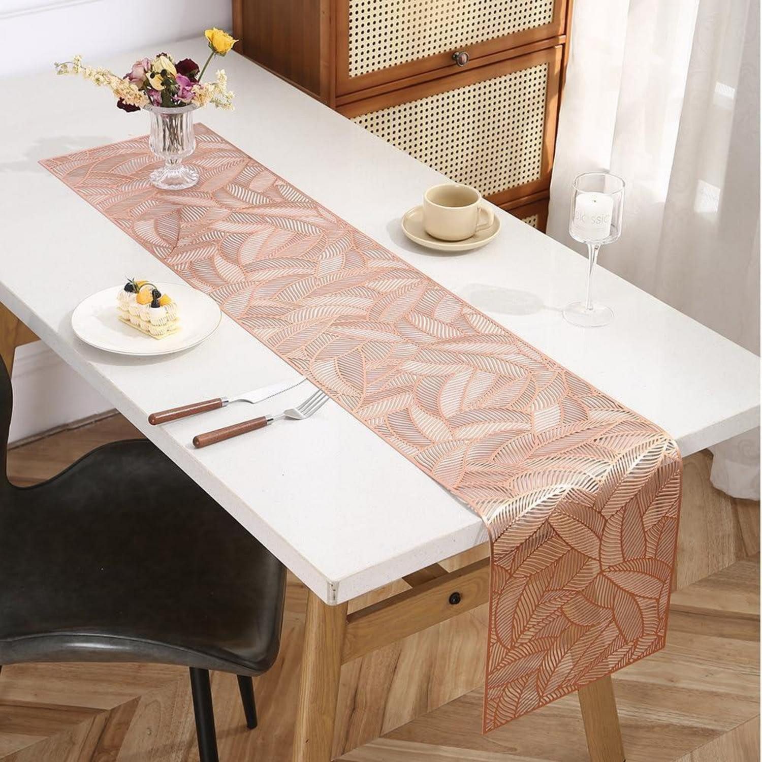LuxusKollektion Platzset Tischläufer PVC Hohlstruktur Blätter Roségold 180x35cm, (1-St)
