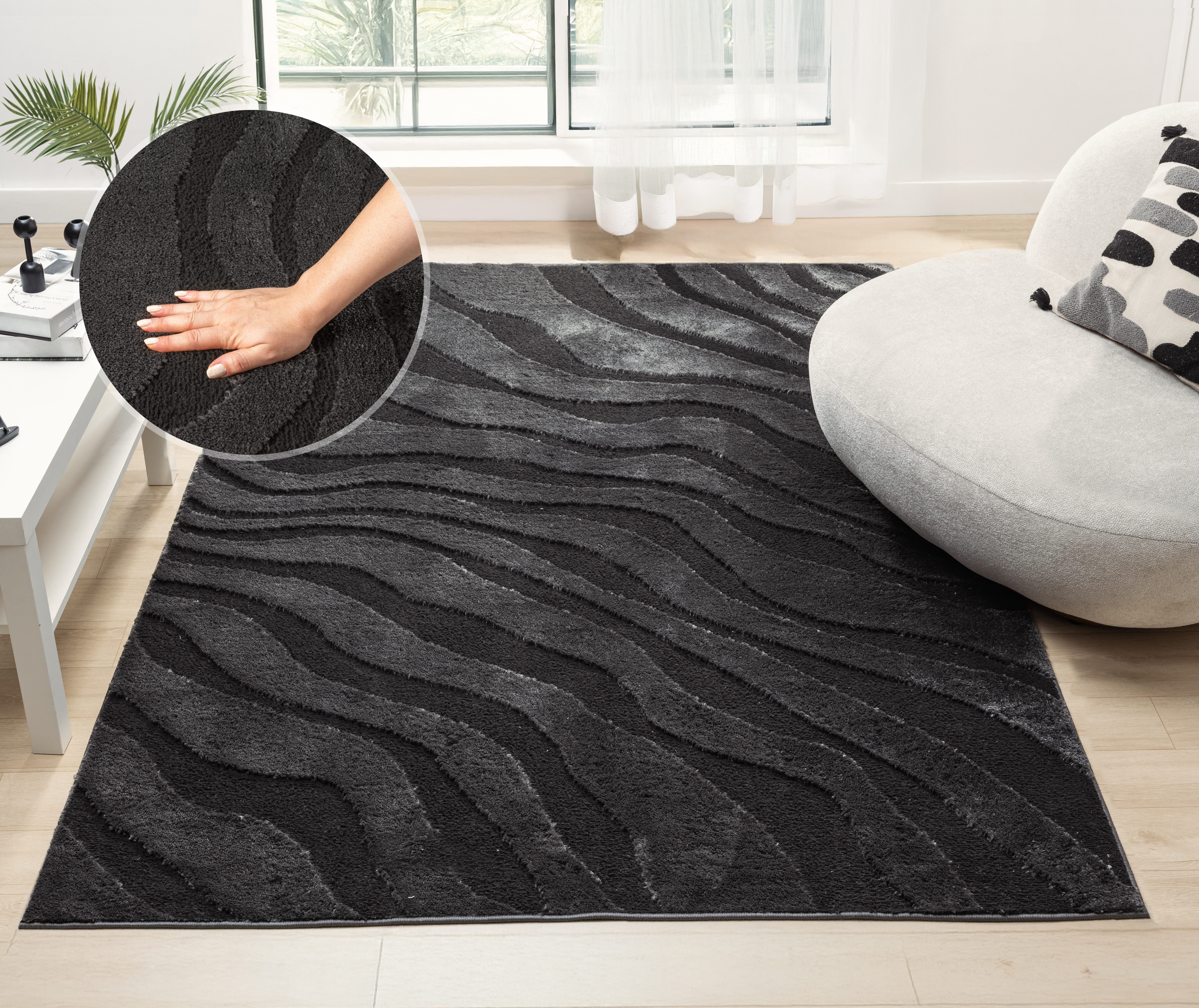 OTTO home Teppich Benia, Hoch-Tief-Struktur, rechteckig, Höhe: 19 mm, Wellen-Design, leichter Glanz, modern, Wohnzimmer, Schlafzimmer