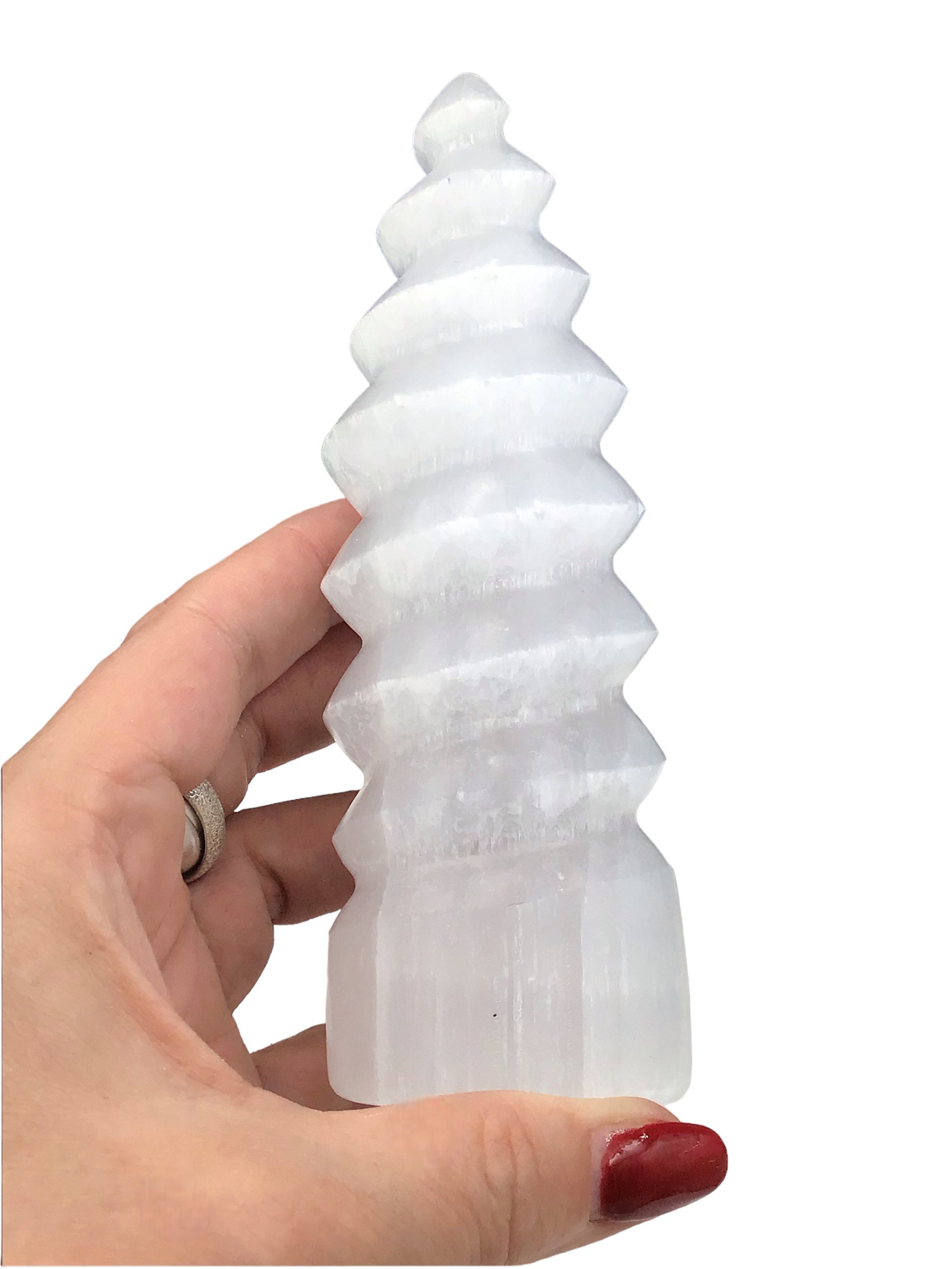 Steinfixx® Skulptur Handgeschnitzte Selenit Kristallflamme in Spiralform (14 cm hoch 5 cm Durchmesser, 1 St., inklusive Edelsteinkarte Selenit), zu jedem Anlass, Hochzeit, Einzug, Jubiläum