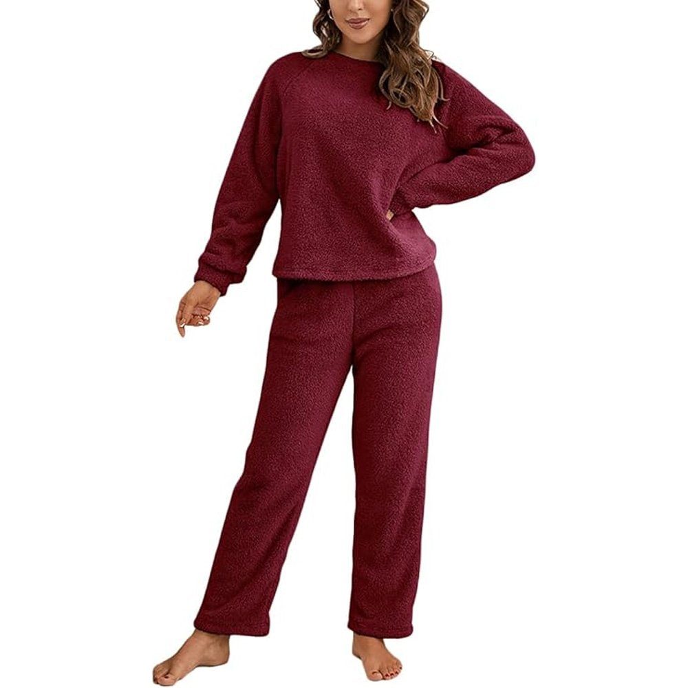 Winter für Damen, Warm Tian Hausanzug Pyjama Fleece-Pyjama Dee Rotwein Zweiteiliger,