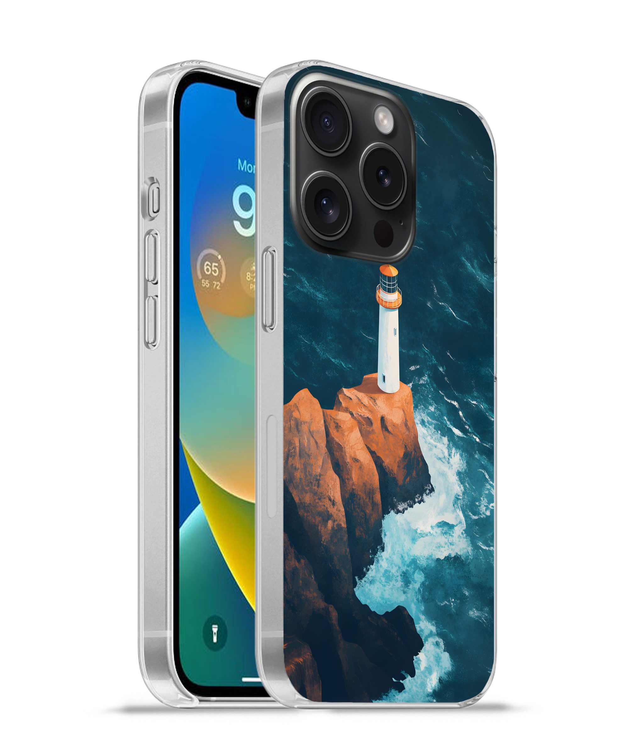 MuchoWow Handyhülle für Apple iPhone 15 Pro Leuchtturm - Felsen - Meer - Wellen, Smartphone-Bumper, Print, Handy Schutzhülle Dünn