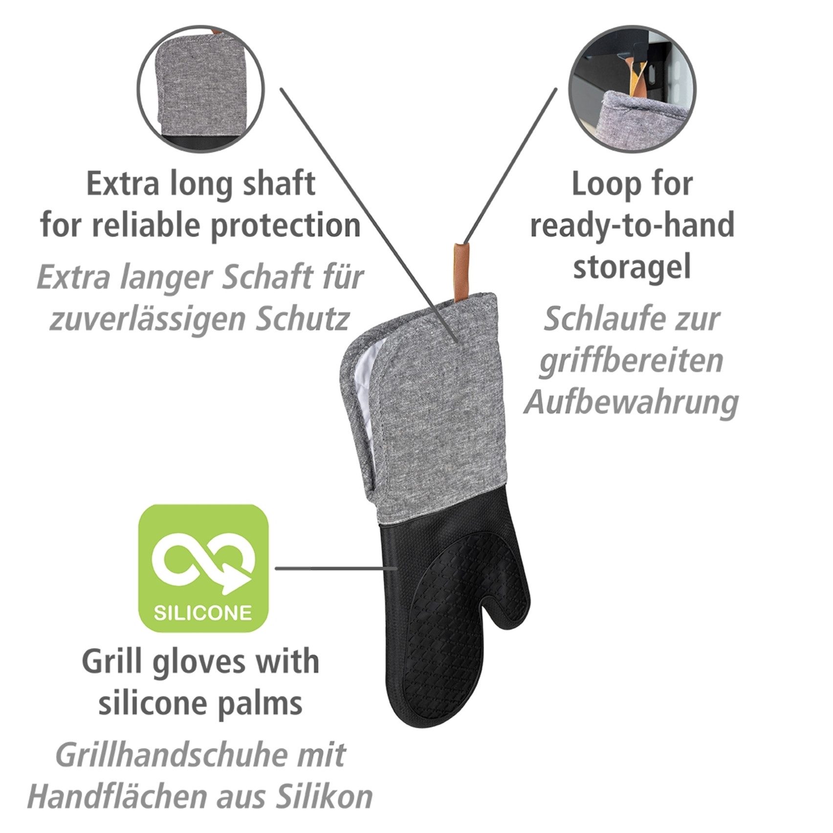WENKO Topfhandschuhe Modell Ada, (Set, 2-tlg), Ofen- und Grillhandschuhe, extra langer Schaft, Baumwollinnenseite
