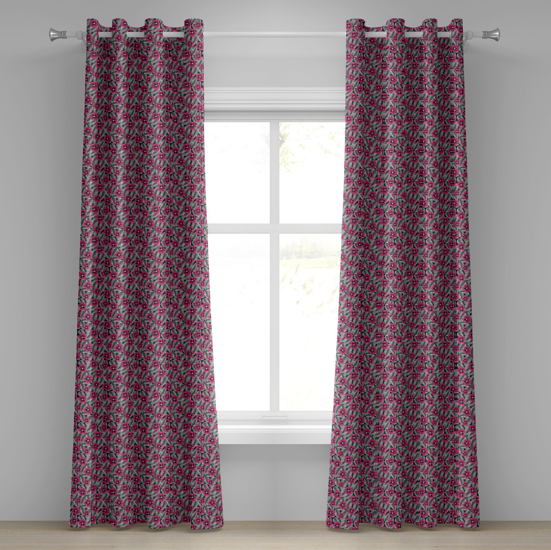 Gardine Dekorative 2-Panel-Fenstervorhänge für Schlafzimmer Wohnzimmer, Abakuhaus, Luau Rosa Hibiscus Modernes Blatt