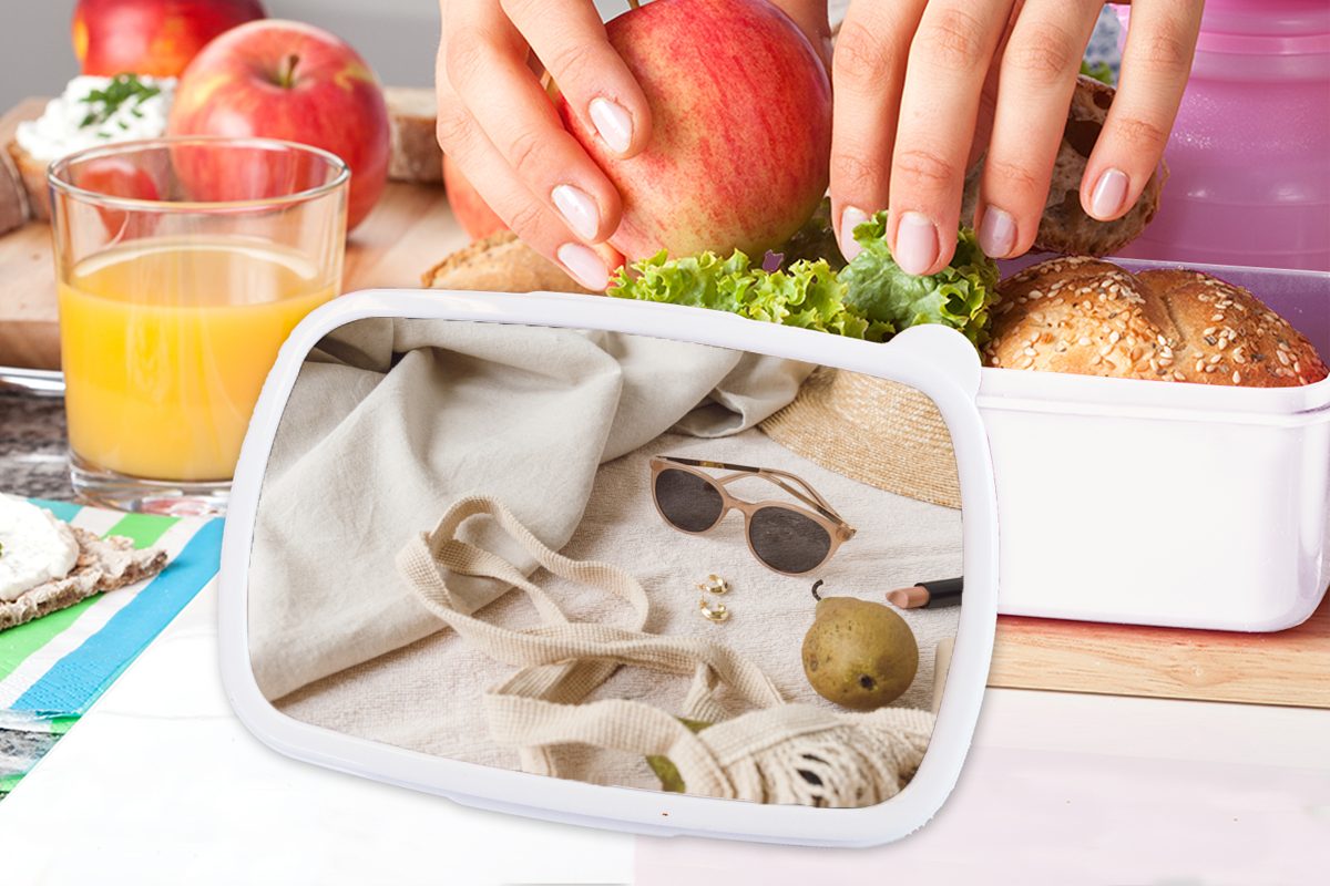 MuchoWow Lunchbox für Kinder Sommer (2-tlg), Mädchen Sonnenbrille Brotbox für - Brotdose, Tasche, und - weiß und Kunststoff, Jungs Erwachsene
