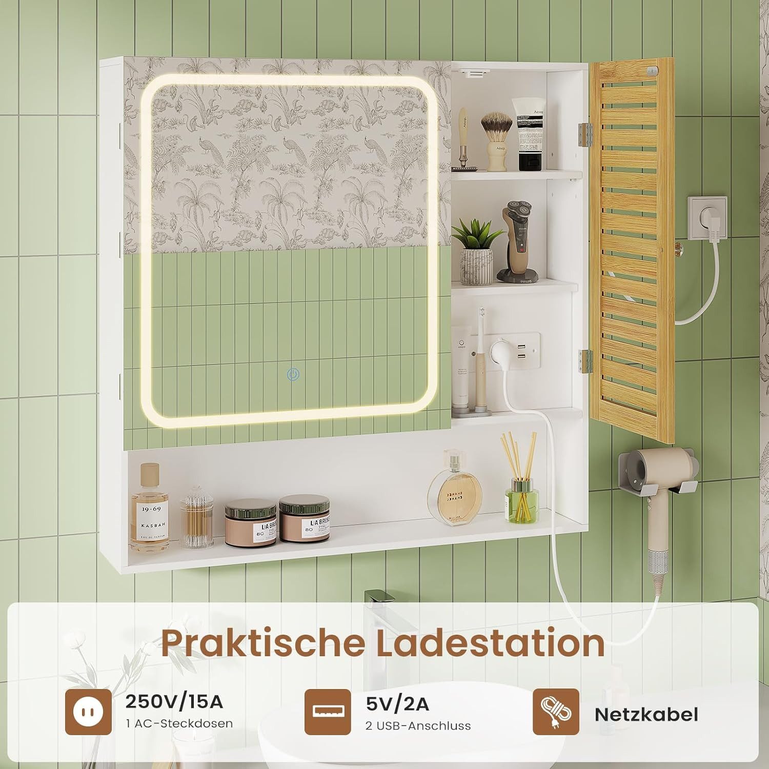 MSMASK Spiegelschrank mit LED-Beleuchtung und Steckdose, Badezimmerschrank (1-St) mit Bambustür & Verstellbarer Ablage, 80×16×77cm – Bild 5 von 5