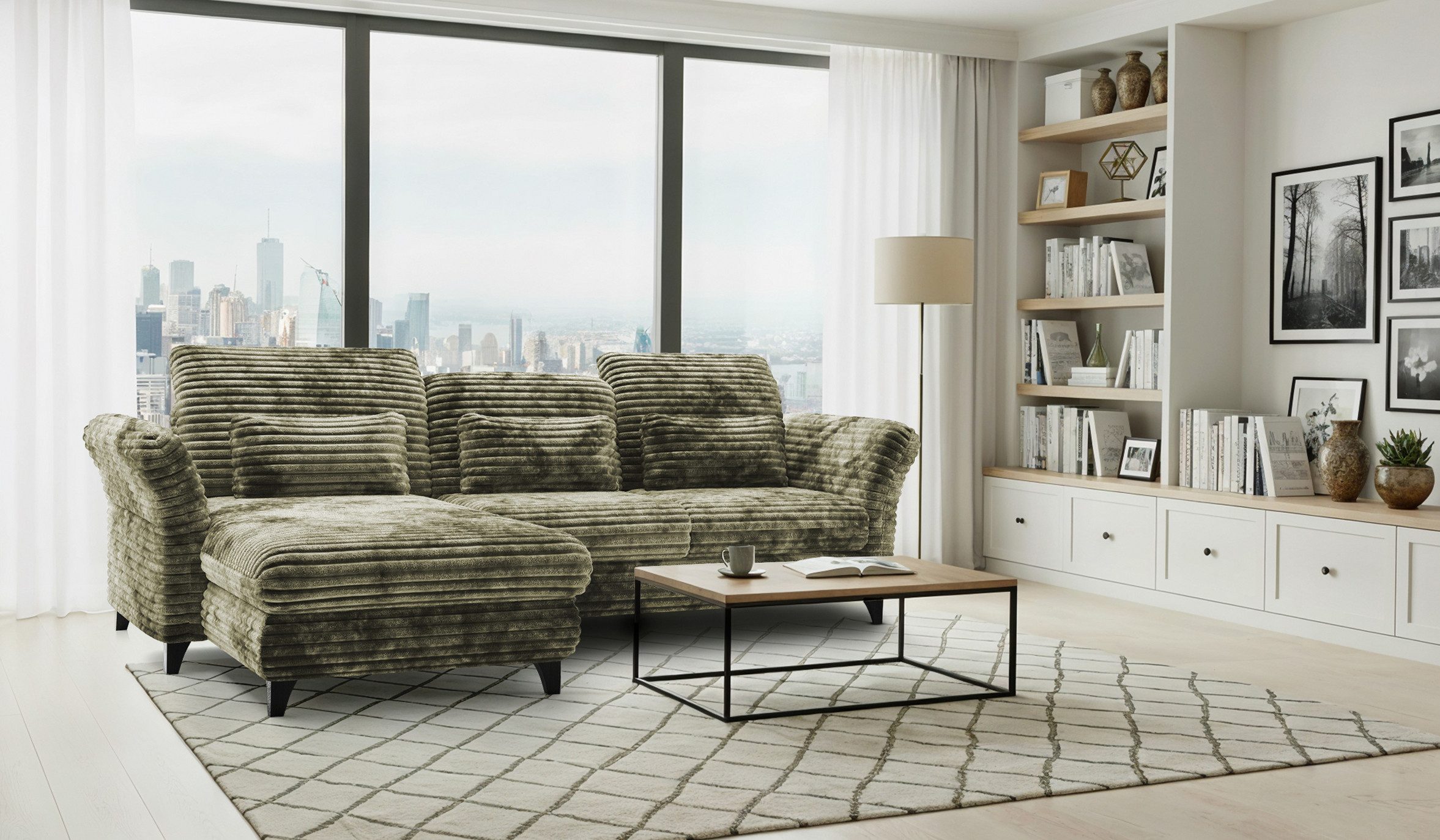 Hygger Möbelhaus Ecksofa Eva L-Form, Schlaffunktion, Taschenfederkern & Bettkasten, B × T: 253 × 190 cm, Sitztiefen-, Kopfstützen- &, Armlehnenverstellung, kostenlose Lieferung inkl. Montage