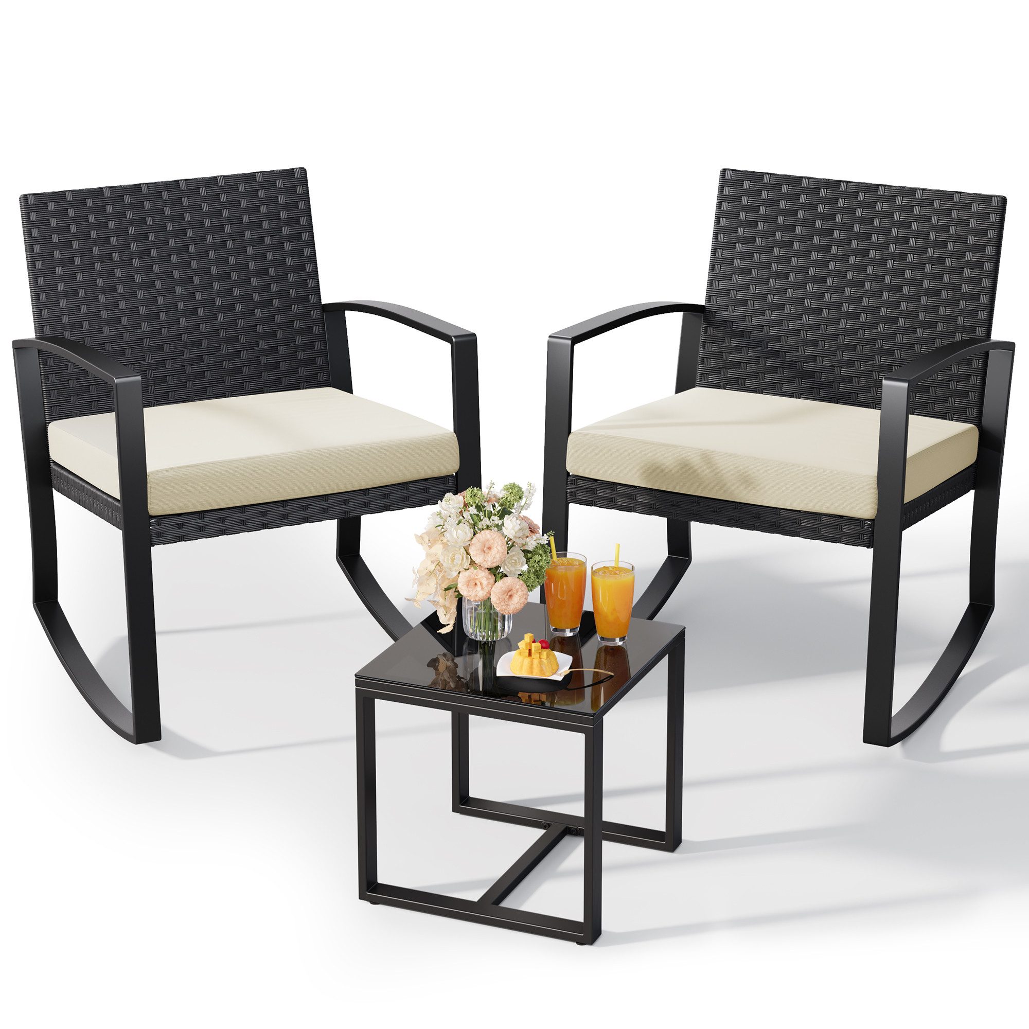 Blishom Balkonset Schaukelstuhl Set 3-teilig, Gartenmöbel Bistro Set, 3-tlg. Sitzgruppe Schaukelstuhl, abnehmbare Sitzauflagen, platzsparend