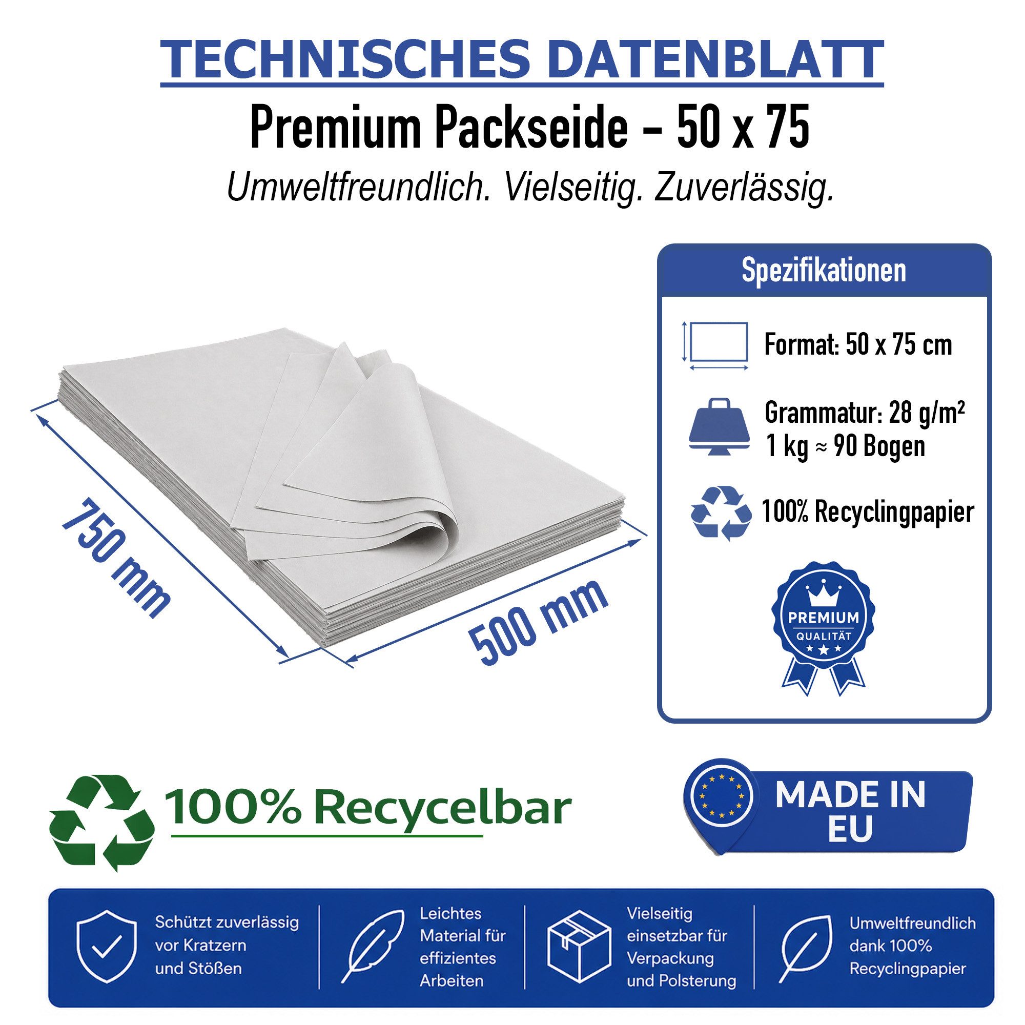 Papieronkel Seidenpapier Packseide Packpapier 50x75cm 28g/m² für Packen Umzug Geschirr Gläser, 10kg Einschlagpapier zum Einwickeln, 100% Recycling, weich & staubarm