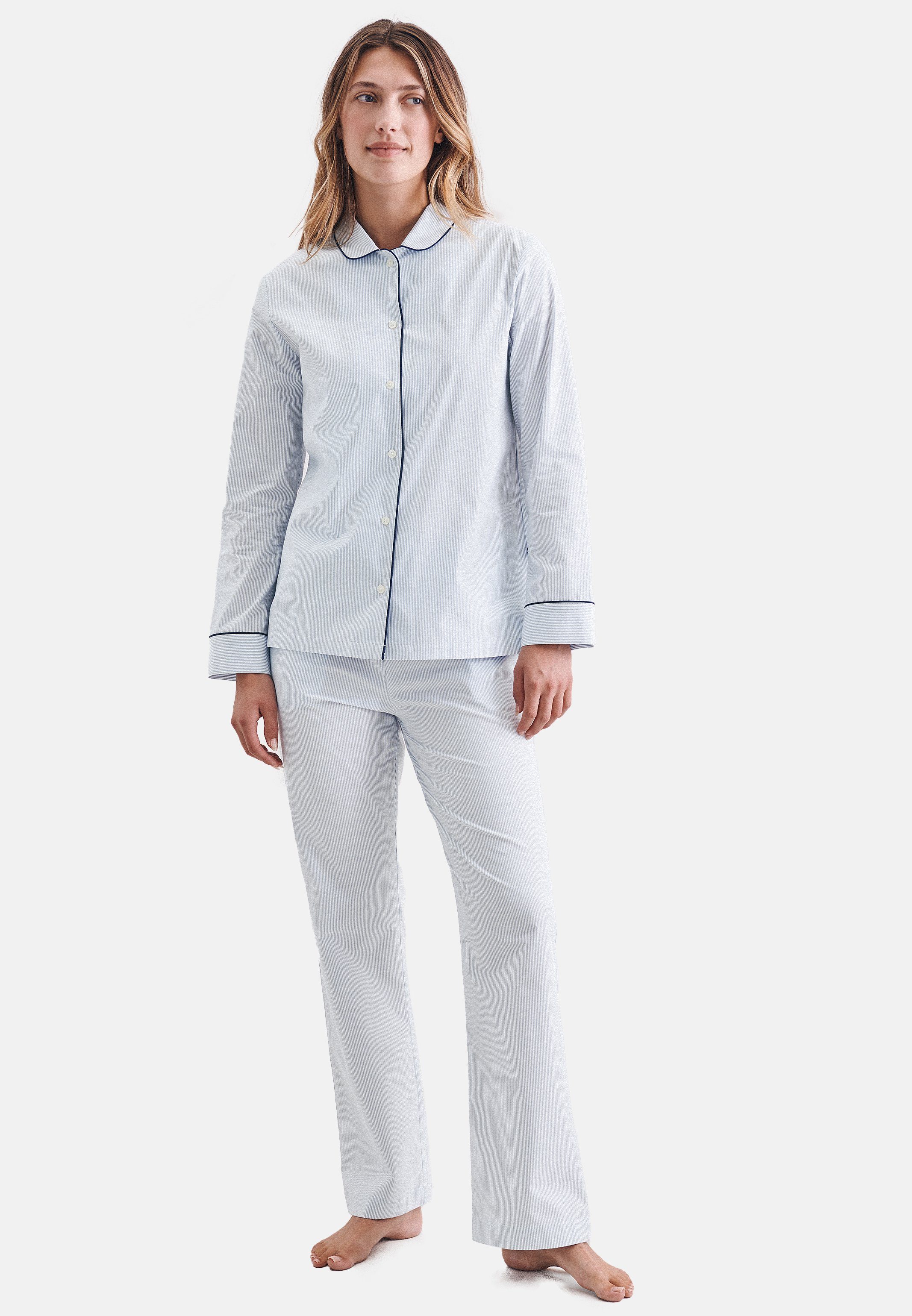Classic seidensticker - Blue Pyjama - mit Oberteil lang Pyjama Stripes 2 tlg) Knopfleiste (Set, Dusty Baumwolle