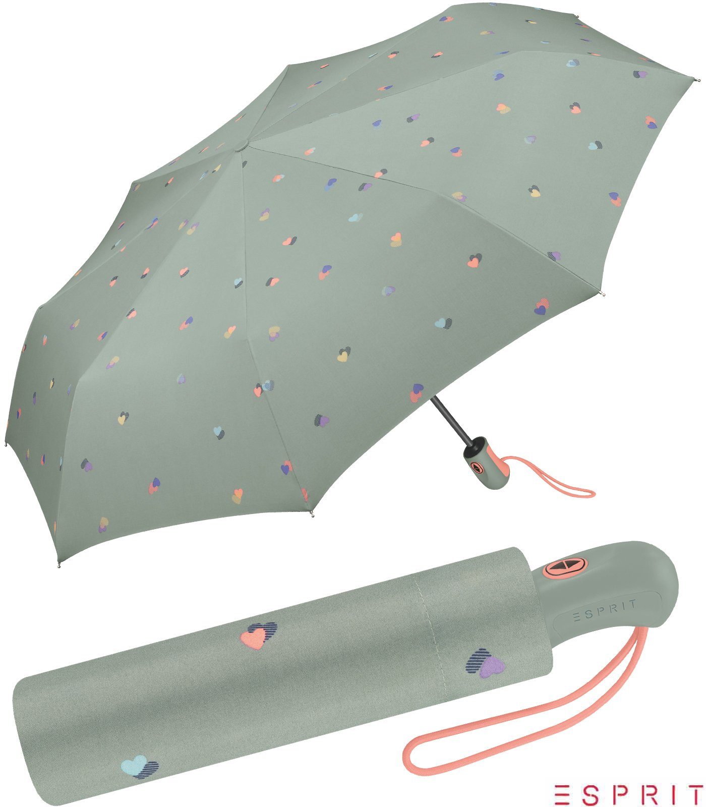 Esprit Taschenregenschirm schöner Schirm für Damen mit Auf-Zu Automatik, stabil, leicht mit Herzen-Motiv - grau
