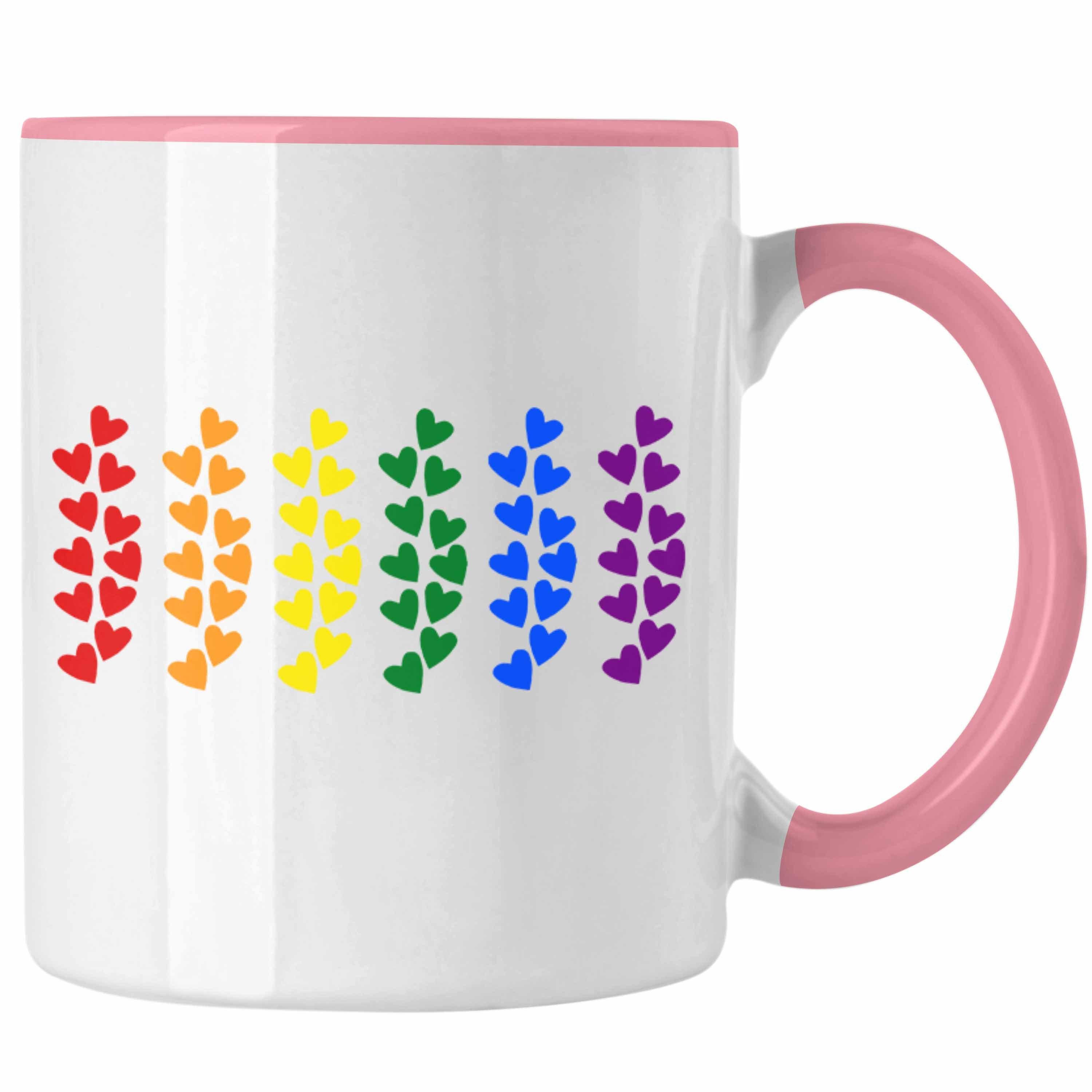 Trendation Tasse Trendation - Regenbogen Tasse Geschenk LGBT Schwule Lesben Transgender Grafik Pride Herzen Flagge Rosa