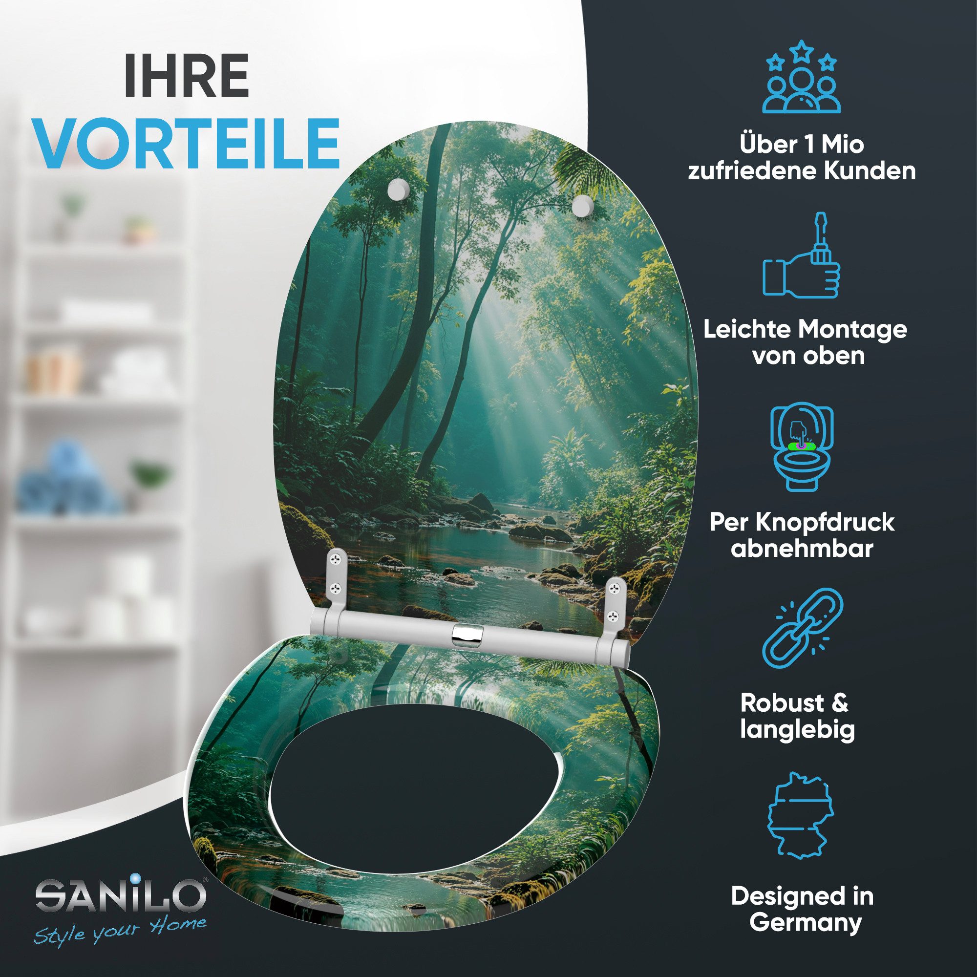 Sanilo WC-Sitz Rainforest mit Absenkautomatik & Quick Release, hochwertig, abnehmbar, leichte Montage von oben, mit Schraubenzieher