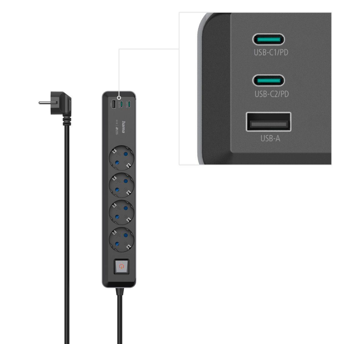 PD Ausschalter, Ladegerät, / m) 7in1 65w Schutzkontaktkupplung, (Ein- mit 3fach, Steckdosenleiste 1,4 Schalterbeleuchtung, Hama Steckdosenleiste Kabellänge 4-fach USB USB-Anschlüsse, USB-C, Netzteil