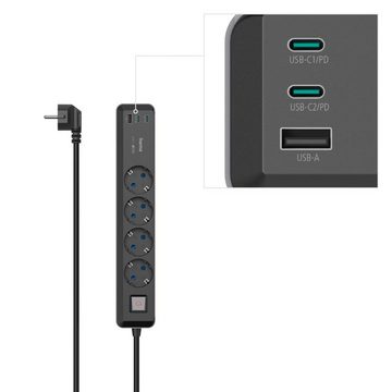 Hama 7in1 Steckdosenleiste mit USB Netzteil 3fach, 65w Ladegerät, USB-C, PD Steckdosenleiste 4-fach (Ein- / Ausschalter, Schalterbeleuchtung, USB-Anschlüsse, Schutzkontaktkupplung, Kabellänge 1,4 m)