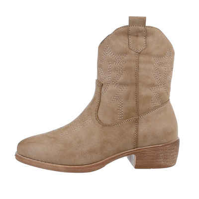 Ital-Design Kinder Cowboyboots Western Stiefelette Blockabsatz Stiefeletten in Hellbraun