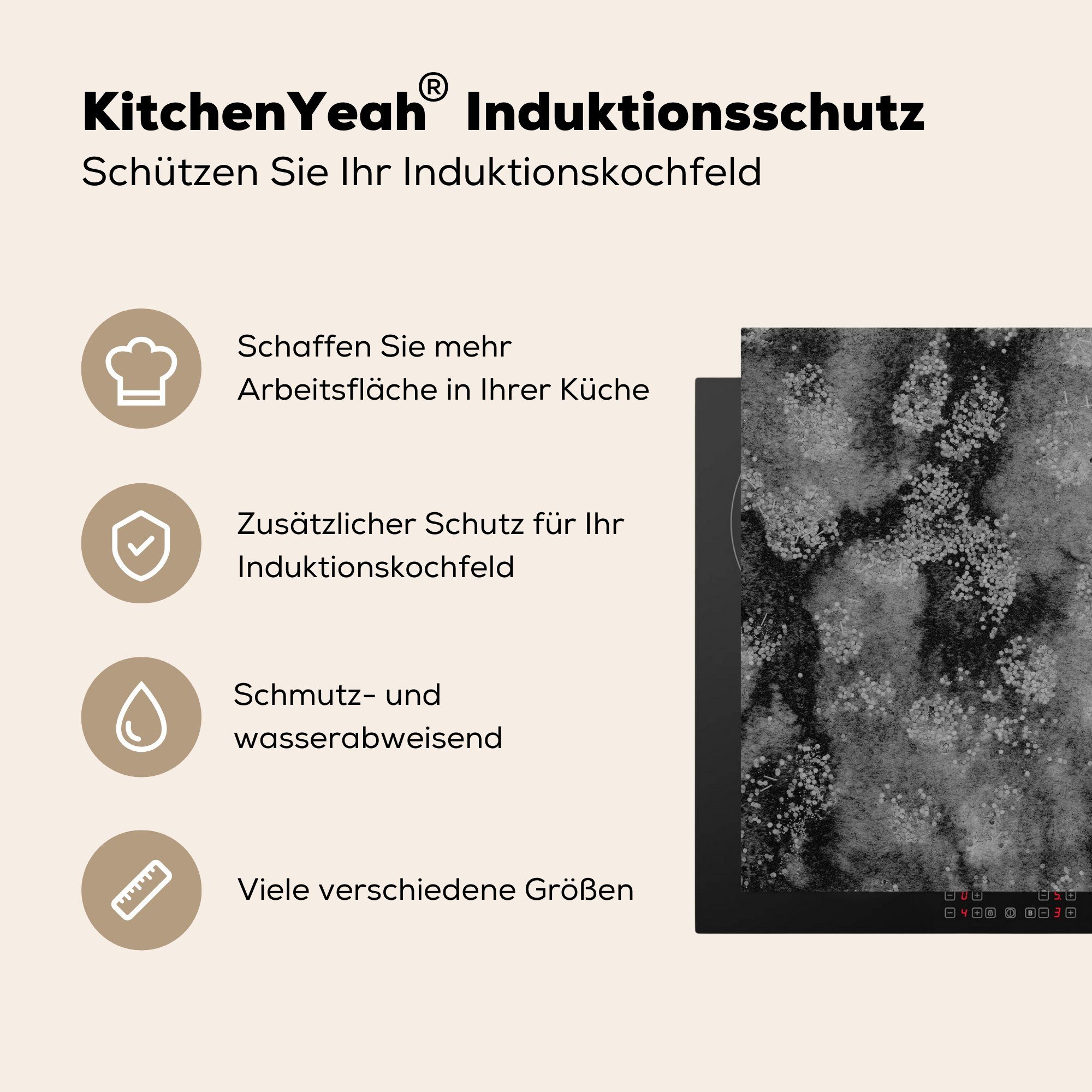 MuchoWow Herdblende-/Abdeckplatte Schwarz - Farbe küche Vinyl, - Ceranfeldabdeckung, Arbeitsplatte tlg), für Grau, (1 cm, 78x78